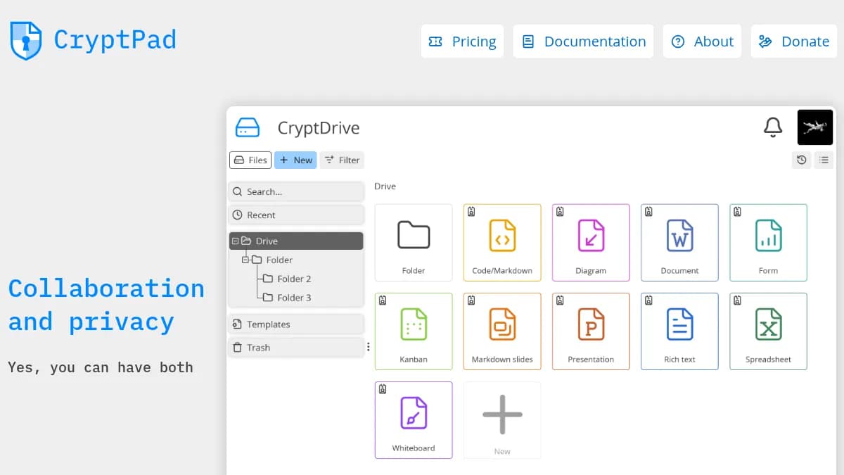 CryptPad homepage showing the end-to-end encrypted collaboration suite