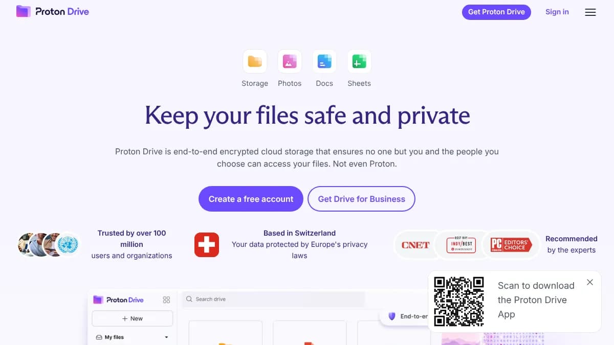 Proton Drive homepage showing the encrypted cloud storage service