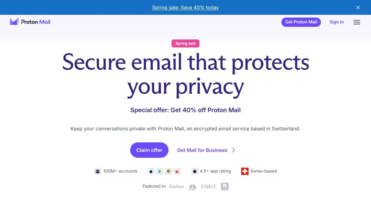 Proton Mail homepage showing the encrypted email service