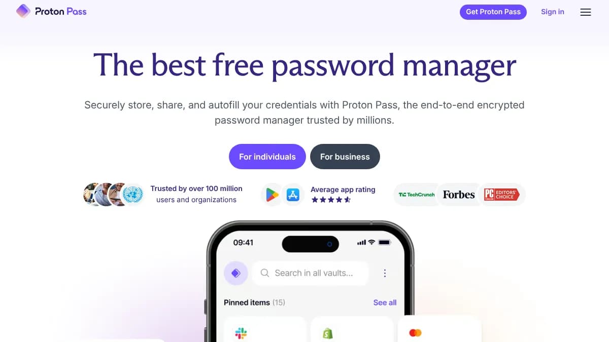 Proton Pass homepage showing the encrypted password manager