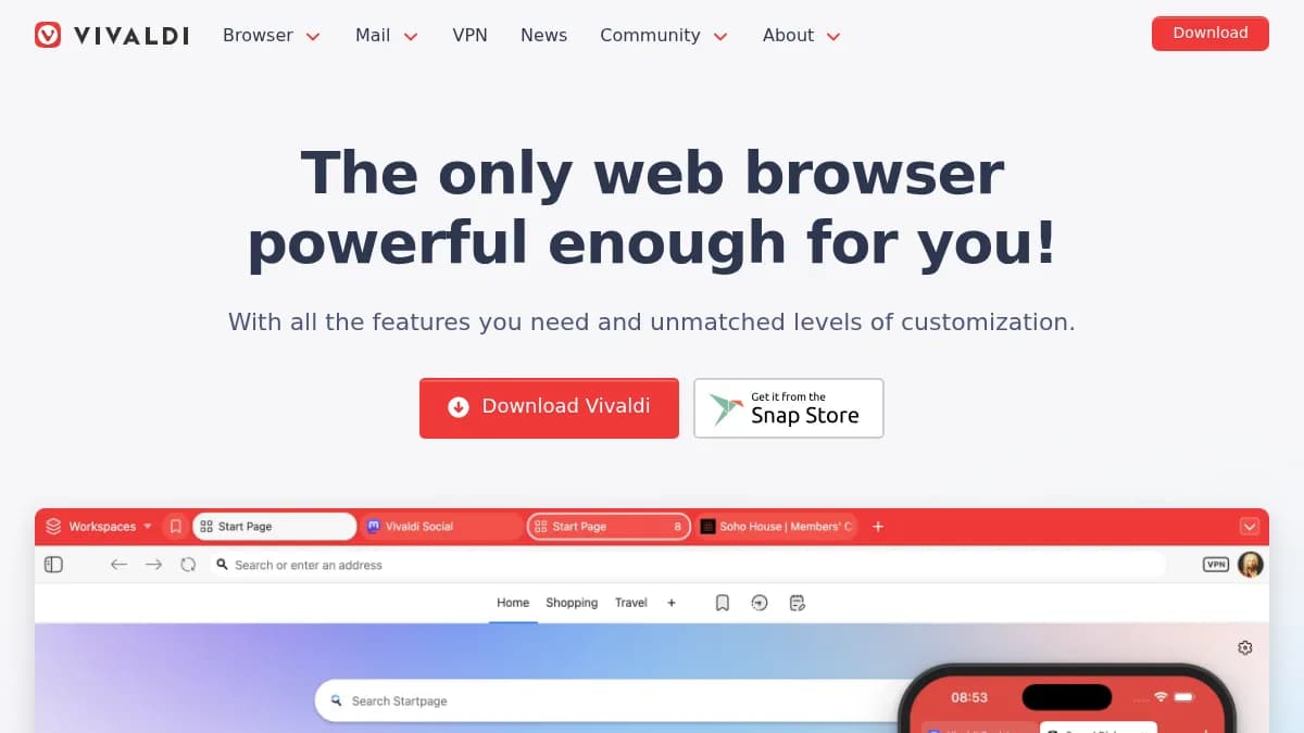 Vivaldi browser homepage