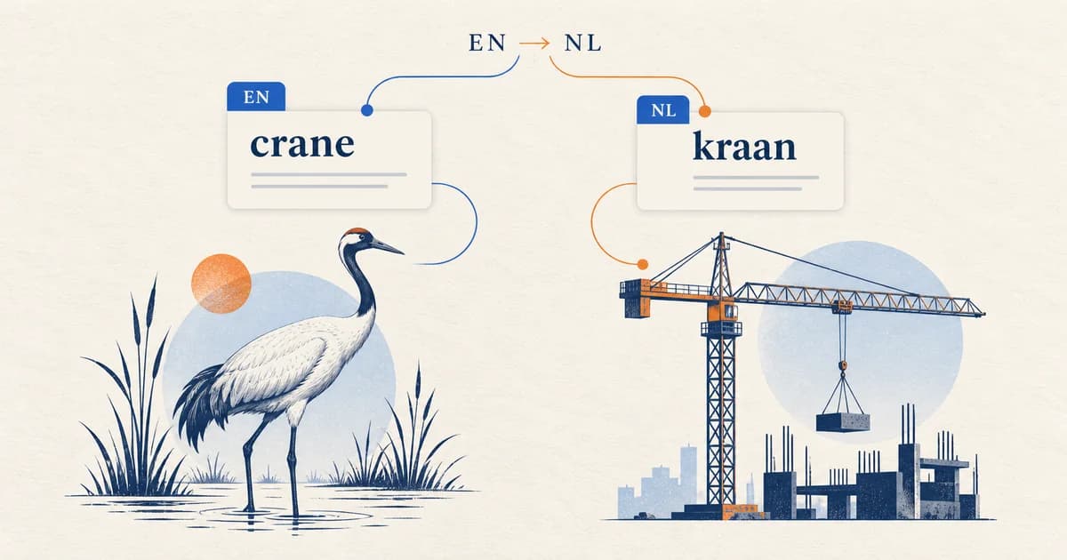 AI-generated editorial illustration of a bird and a construction crane representing ambiguity in English-to-Dutch translation; not a product screenshot.