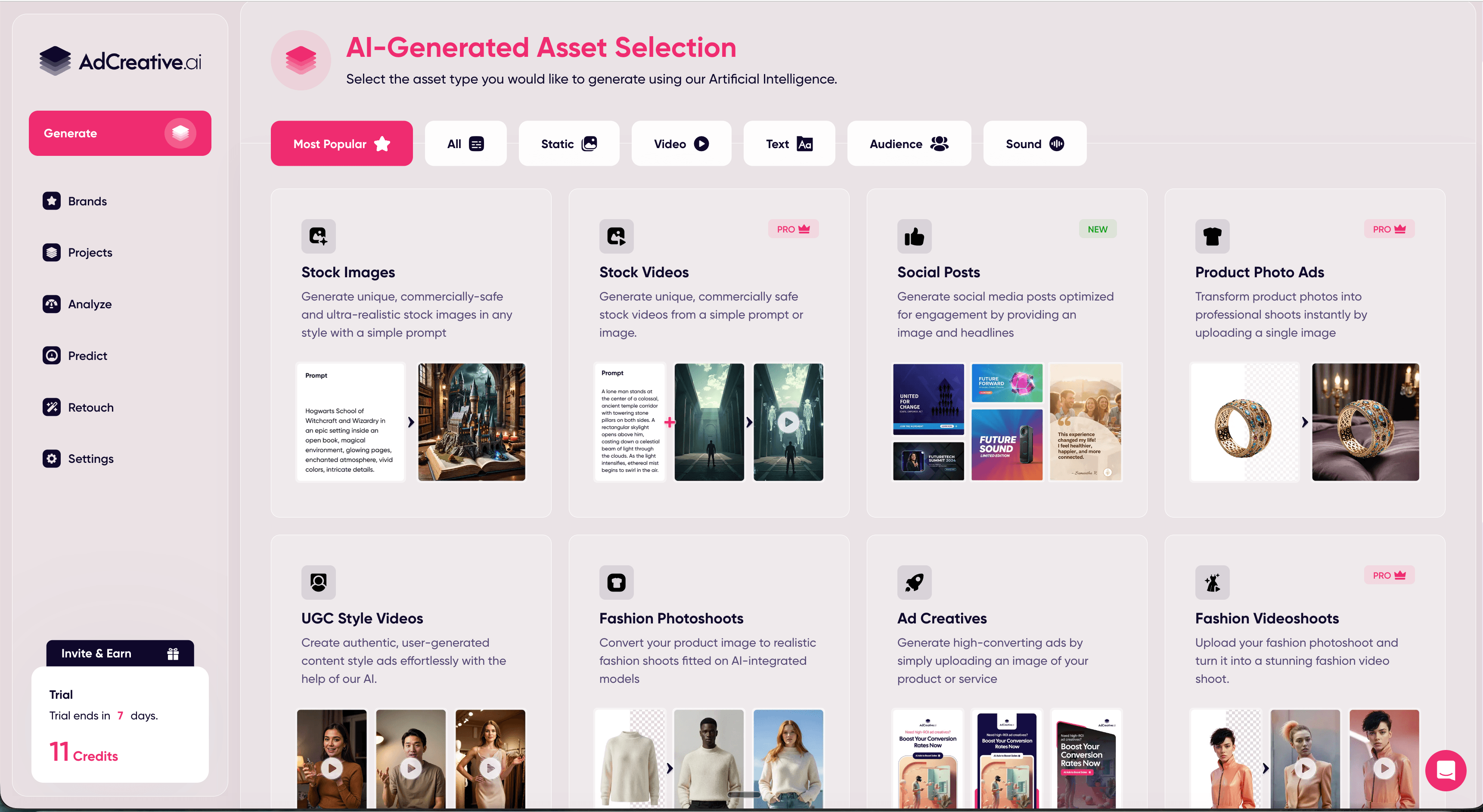 AdCreative.ai Asset-Auswahl-Dashboard, das 8 KI-generierte Asset-Typen zeigt, darunter Stockbilder, Videos, Social Posts und Anzeigen-Creatives