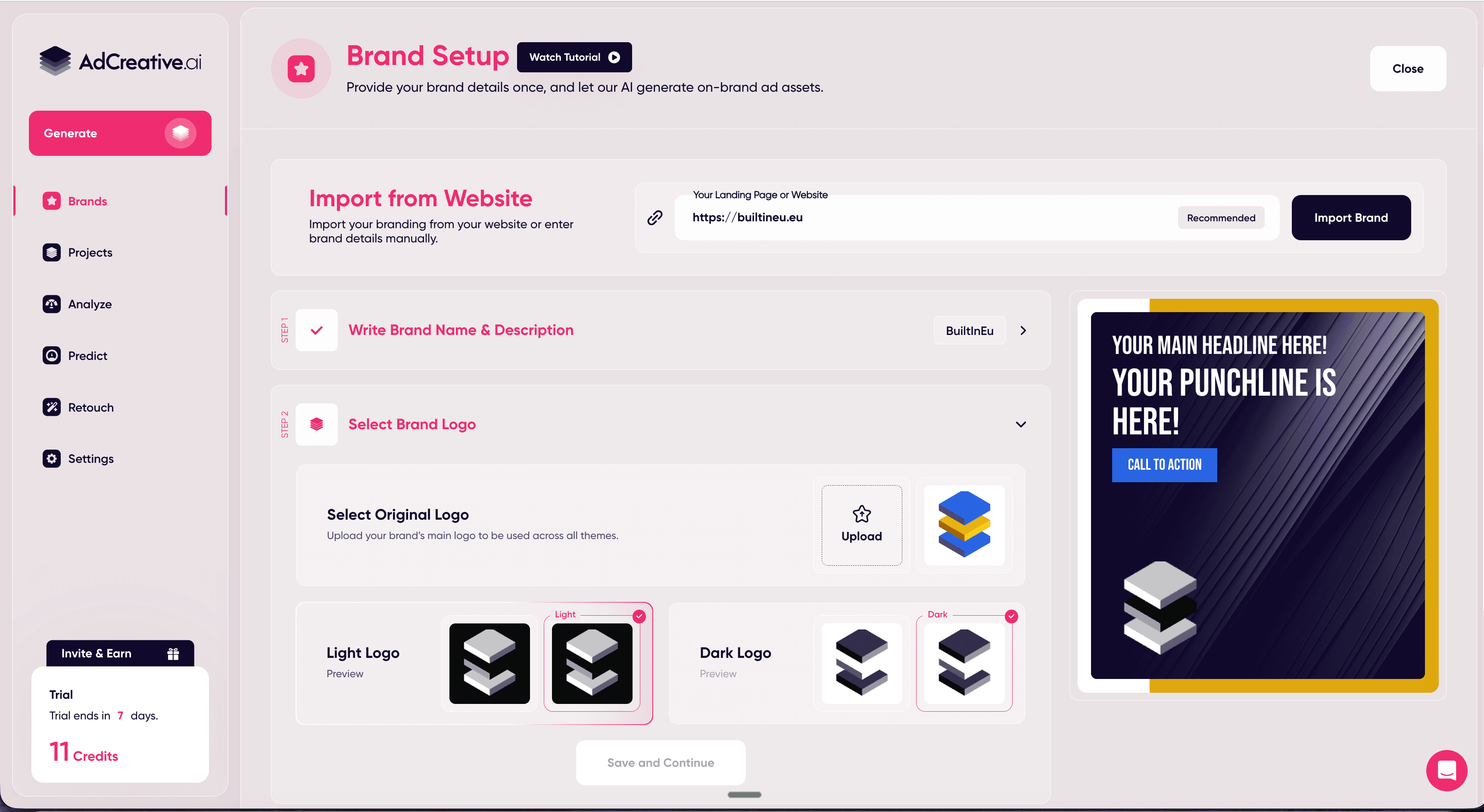 AdCreative.ai Bildschirm zur Markeneinrichtung, der den automatischen Import von builtineu.eu mit erkannten Logos zeigt