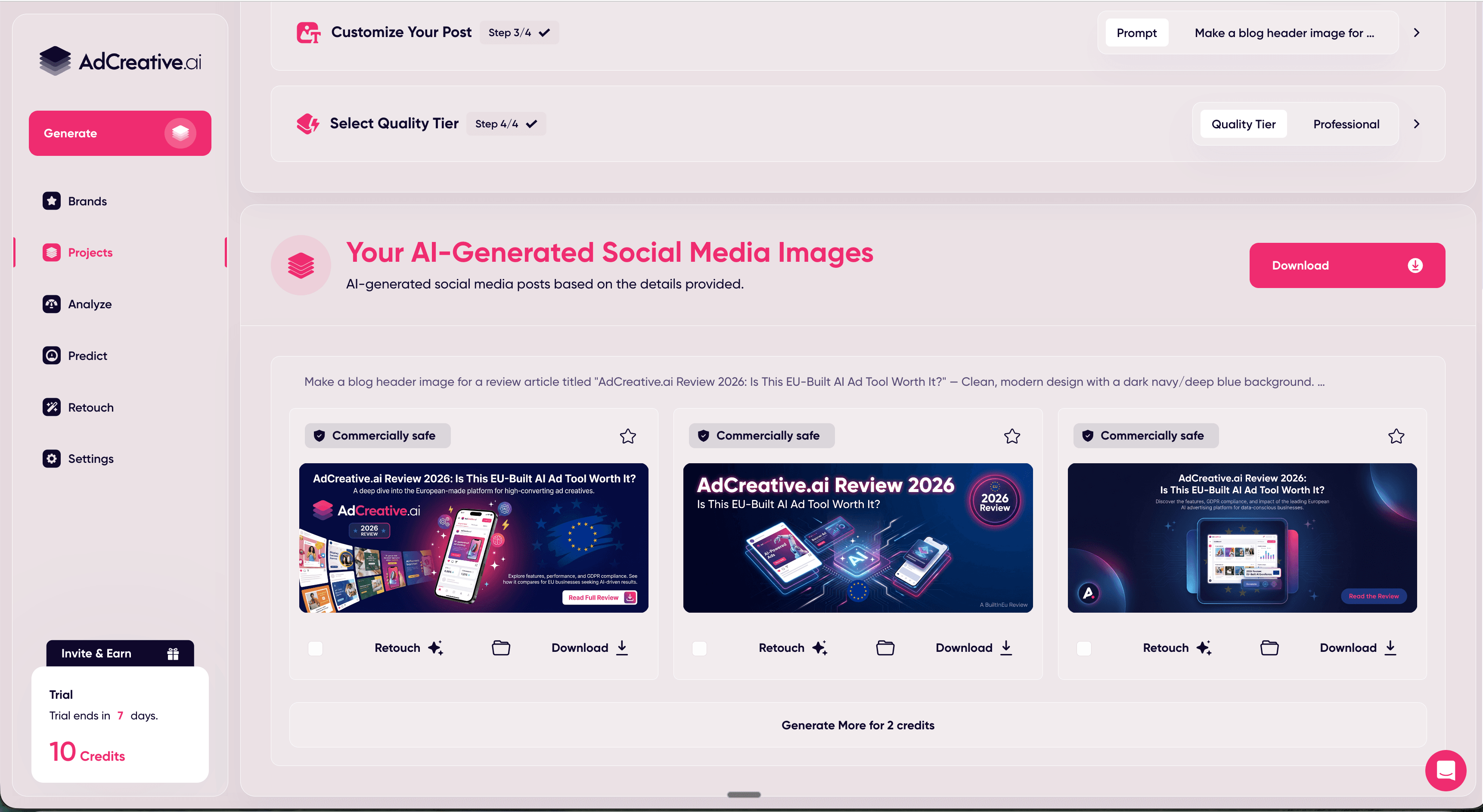 AdCreative.ai showing three generated hero image variations with commercially safe badges