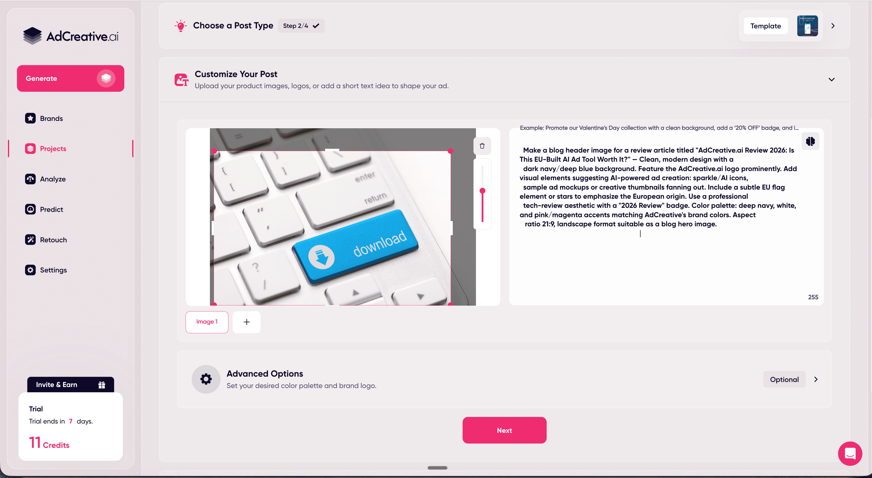 AdCreative.ai post customization showing prompt input and image upload during the creation flow