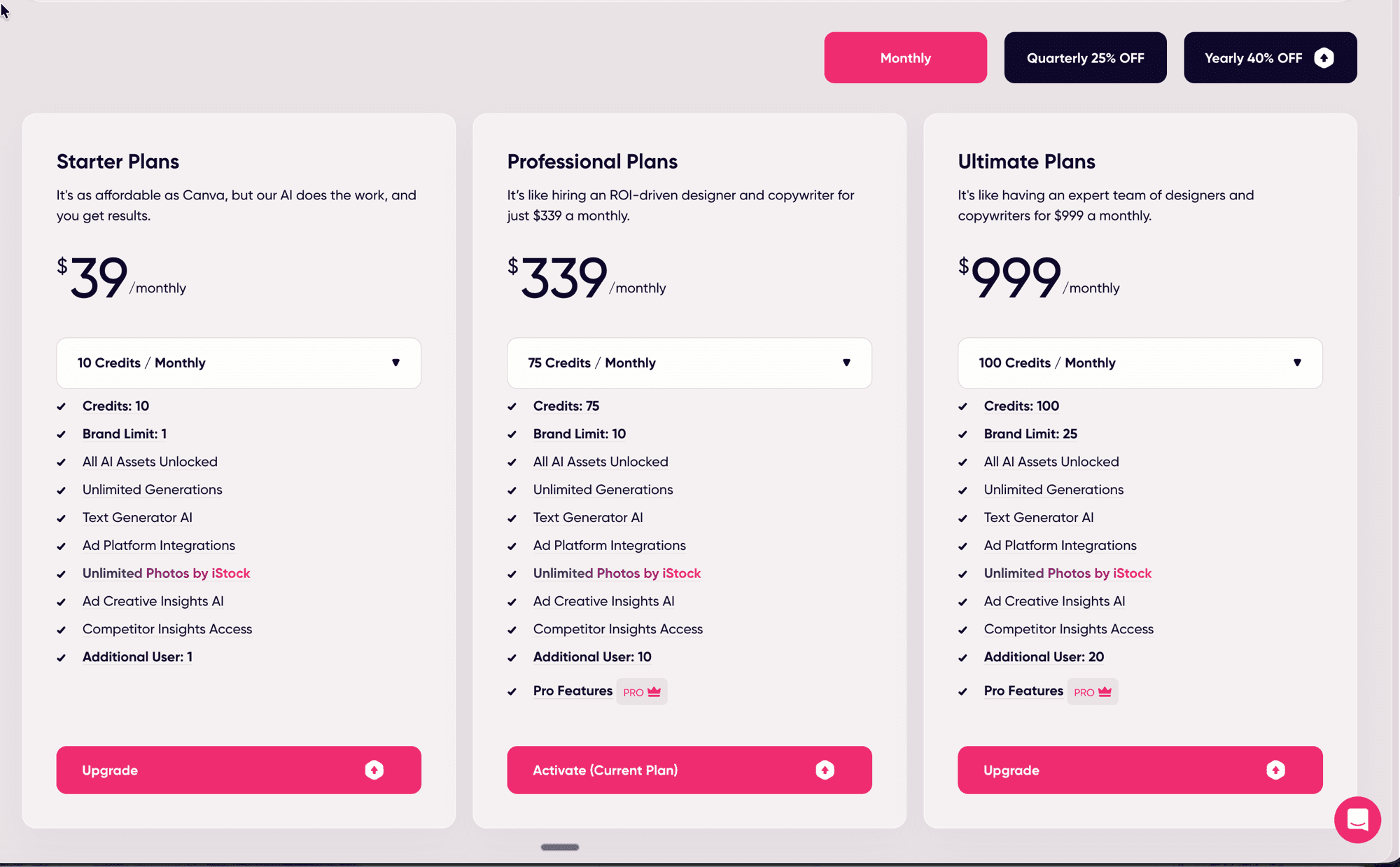 Piani di prezzo mensili di AdCreative.ai che mostrano Starter a $39/mese, Professionale a $249/mese e Ultimate a $999/mese
