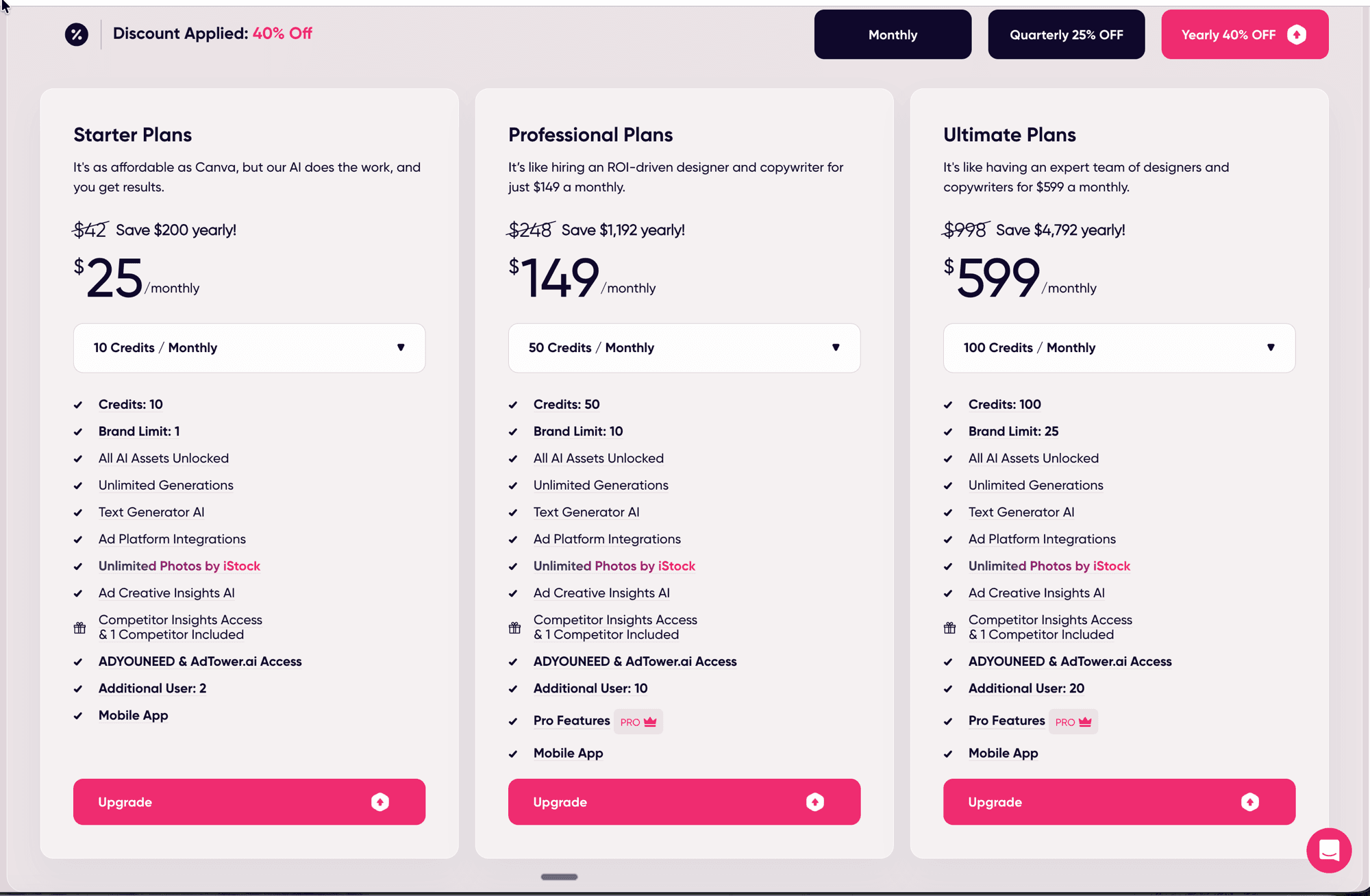 AdCreative.ai yearly pricing plans showing Starter at $25/mo, Professional at $149/mo, and Ultimate at $599/mo