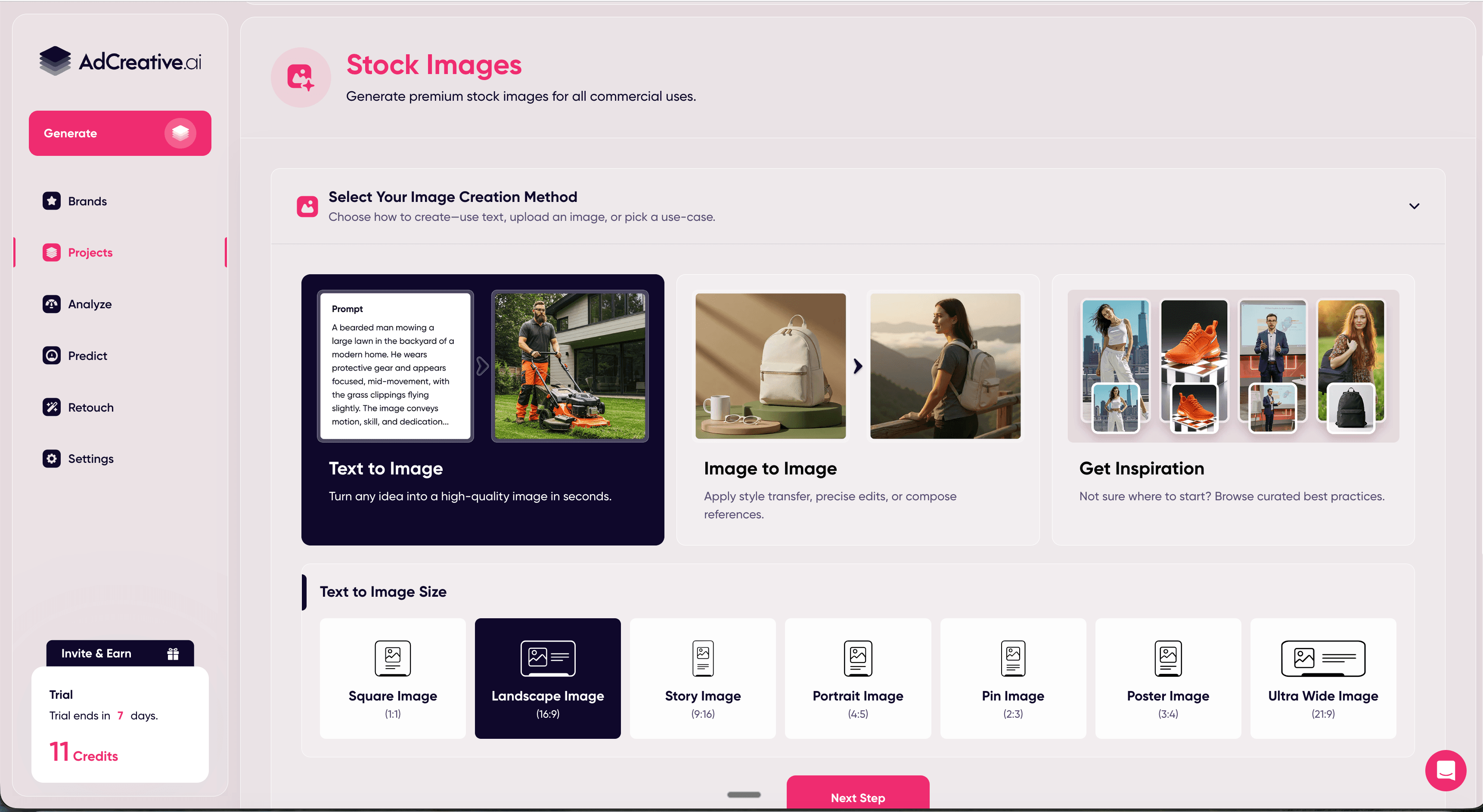 Generatore di immagini stock di AdCreative.ai con testo su immagine, immagine su immagine e sette preset di dimensioni