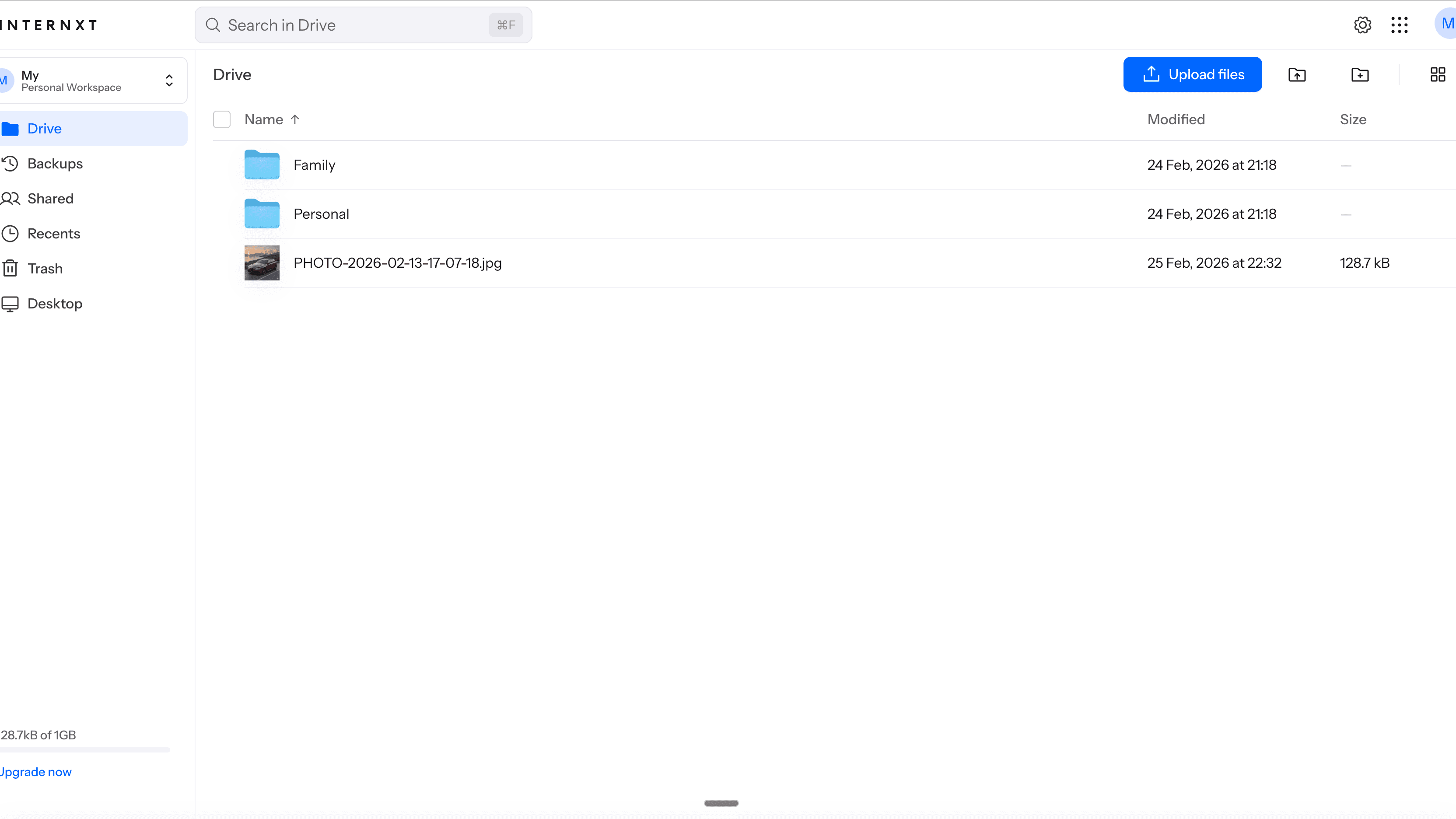 Internxt cloud storage interface