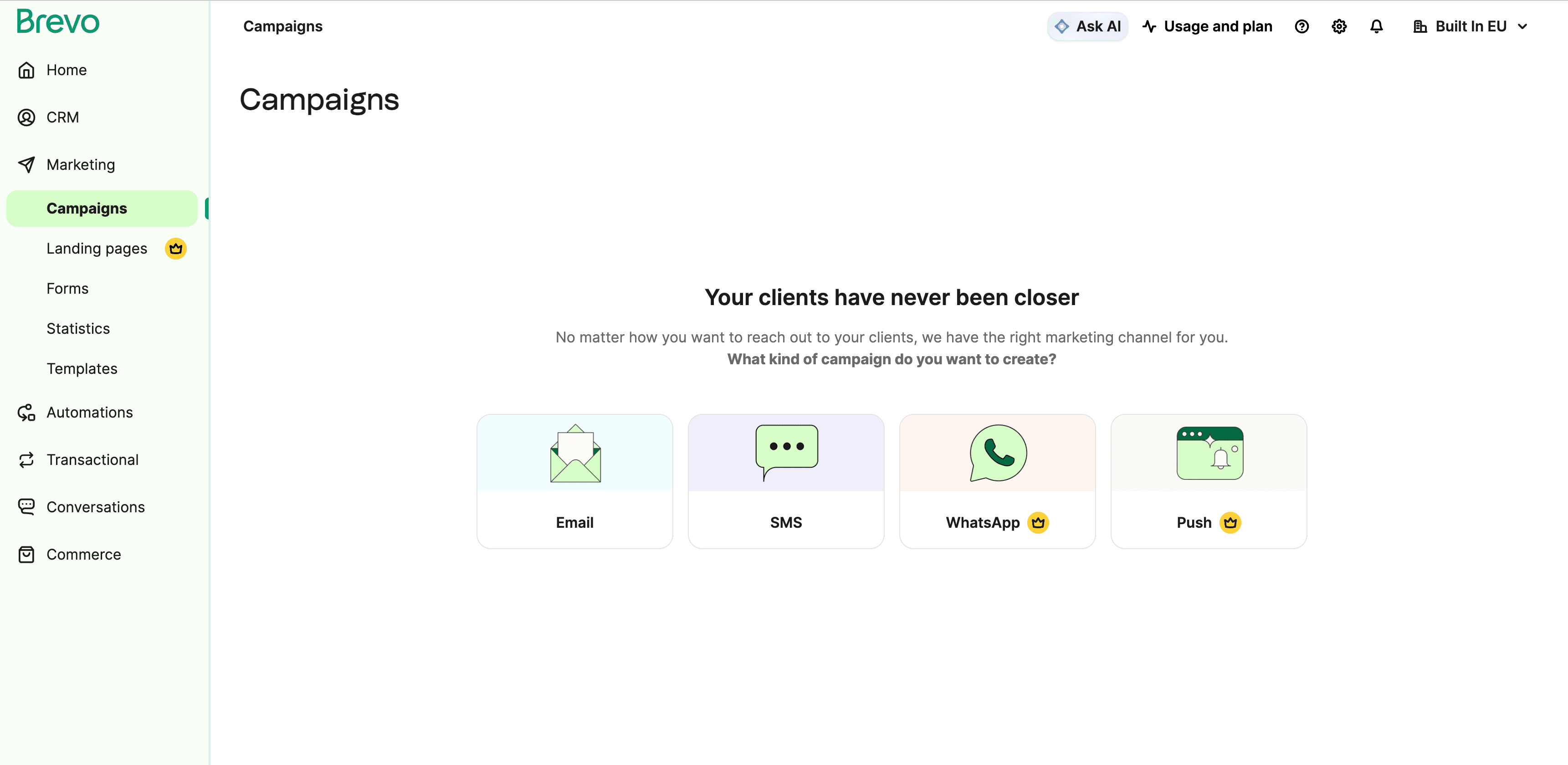Brevo campaigns dashboard showing Email, SMS, WhatsApp, and Push notification campaign options in unified interface