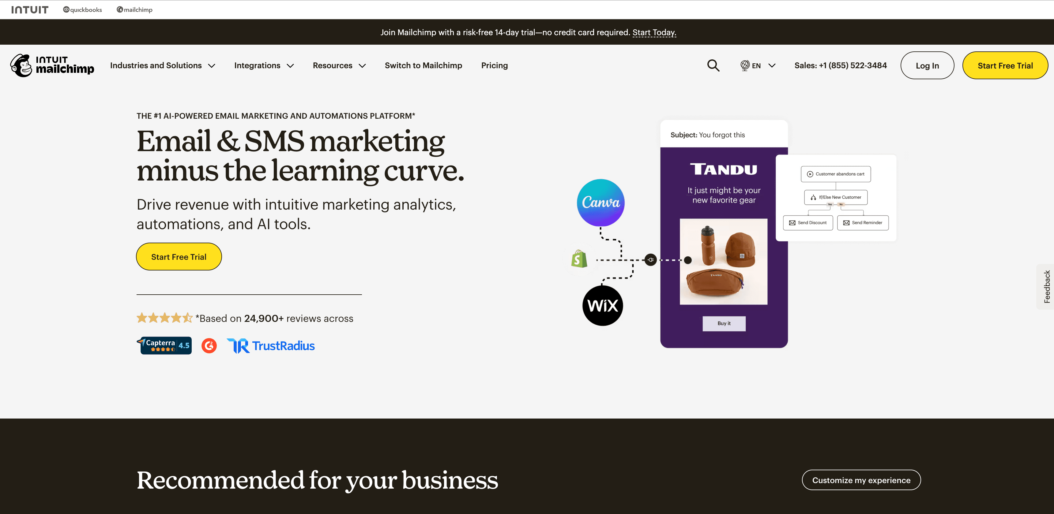 Mailchimp email marketing platform homepage showing AI-powered automation and SMS marketing capabilities