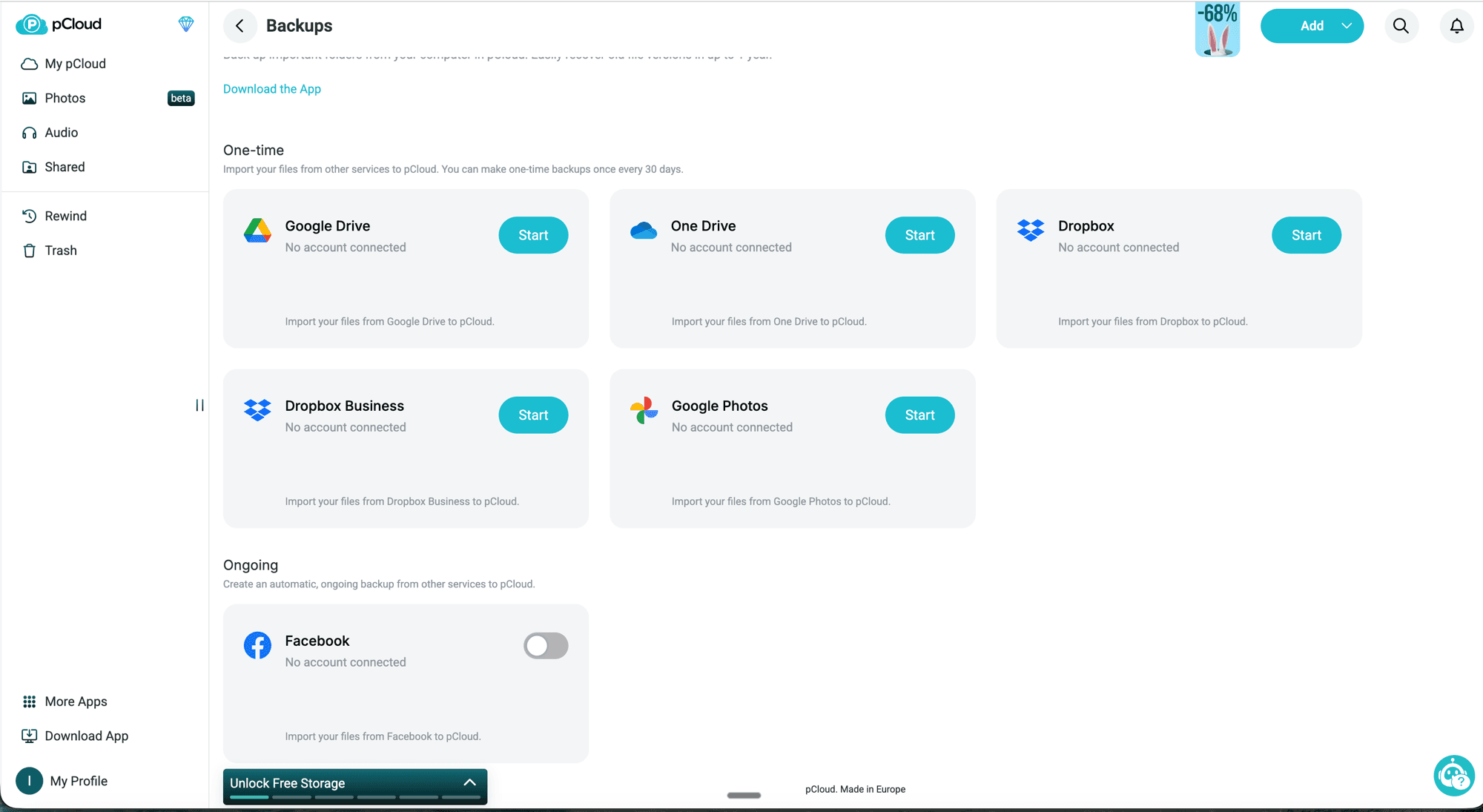 pCloud Backups page showing one-time import options for Google Drive, OneDrive, Dropbox, Dropbox Business, and Google Photos, plus ongoing Facebook backup