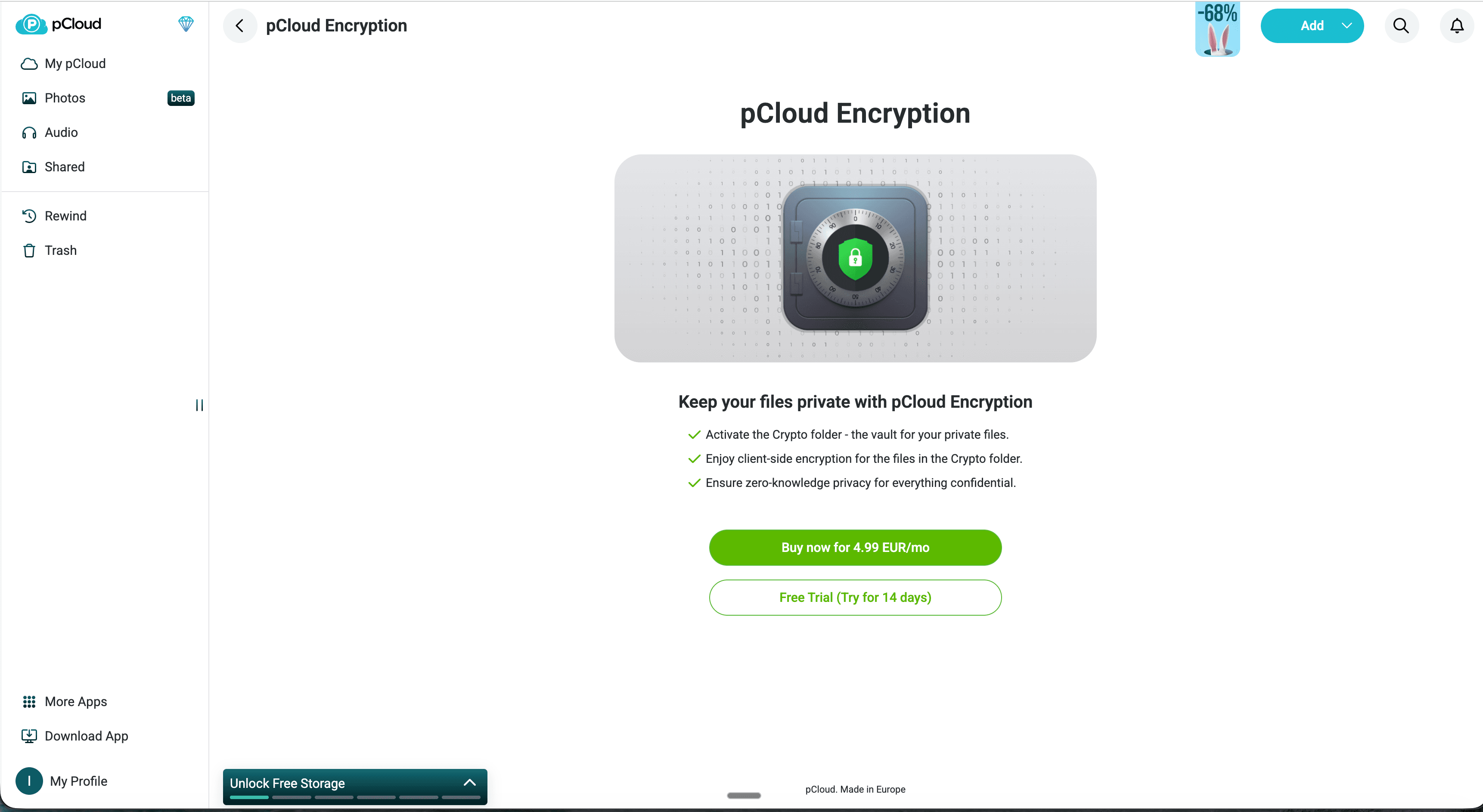 Page de Chiffrement de pCloud montrant le chiffrement côté client avec le dossier Crypto, la confidentialité zero-knowledge, et un tarif de 4,99 EUR par mois