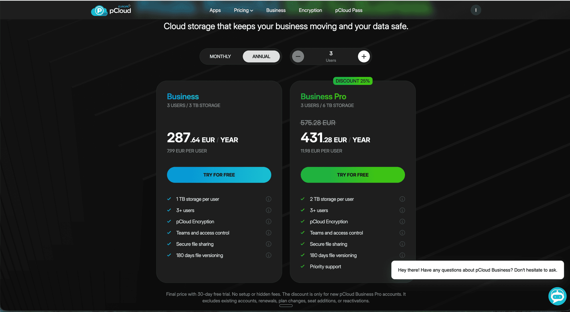 pCloud Business pricing showing Business at 287.64 EUR per year and Business Pro at 431.28 EUR per year with 25 percent discount