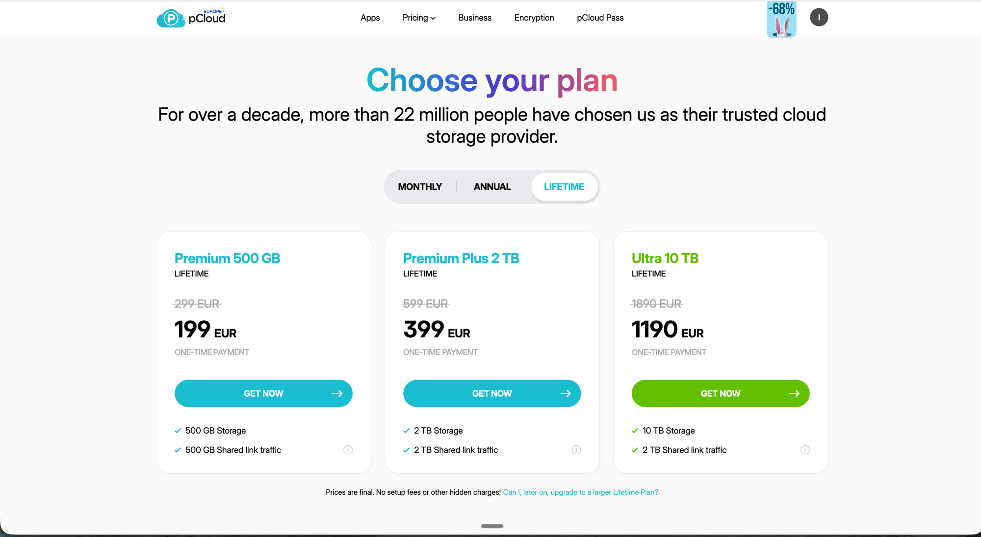 Page de tarification de pCloud montrant les plans à vie : Premium 500 Go à 199 EUR, Premium Plus 2 To à 399 EUR, et Ultra 10 To à 1190 EUR