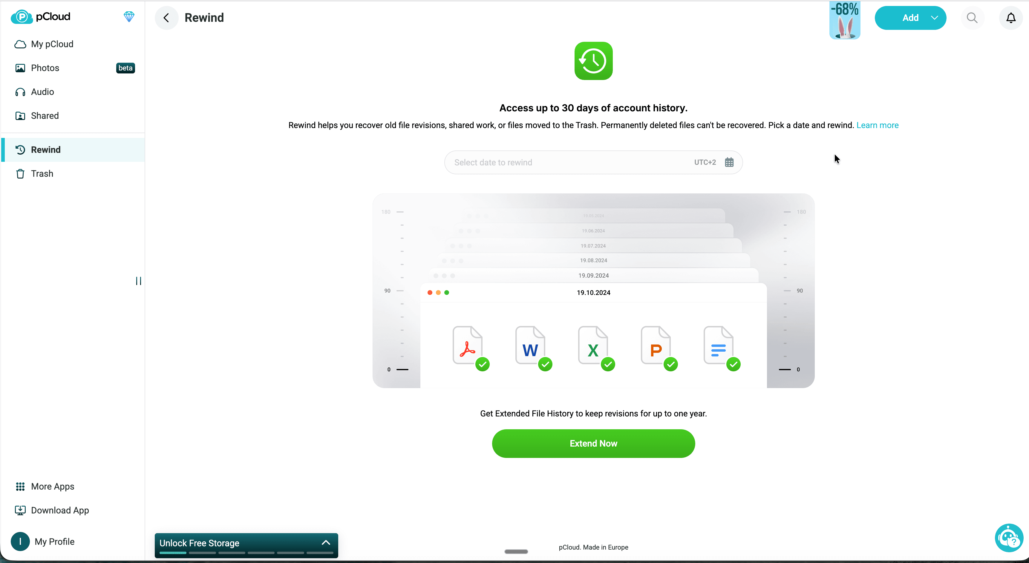 Fonction Rewind de pCloud montrant l'historique des versions de fichiers sur 30 jours avec une chronologie pour récupérer les versions précédentes des documents