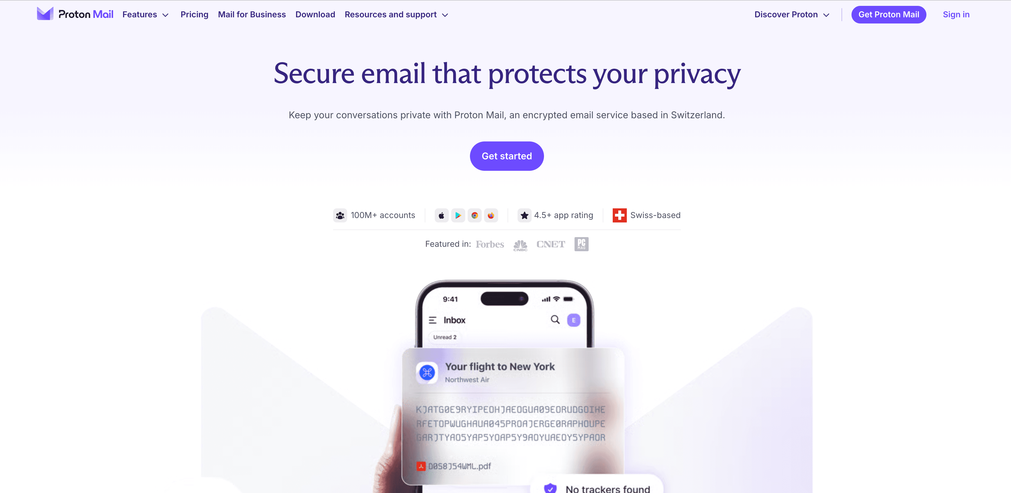 Proton Mail encrypted email service homepage showing Swiss-based secure email with end-to-end encryption and privacy protection