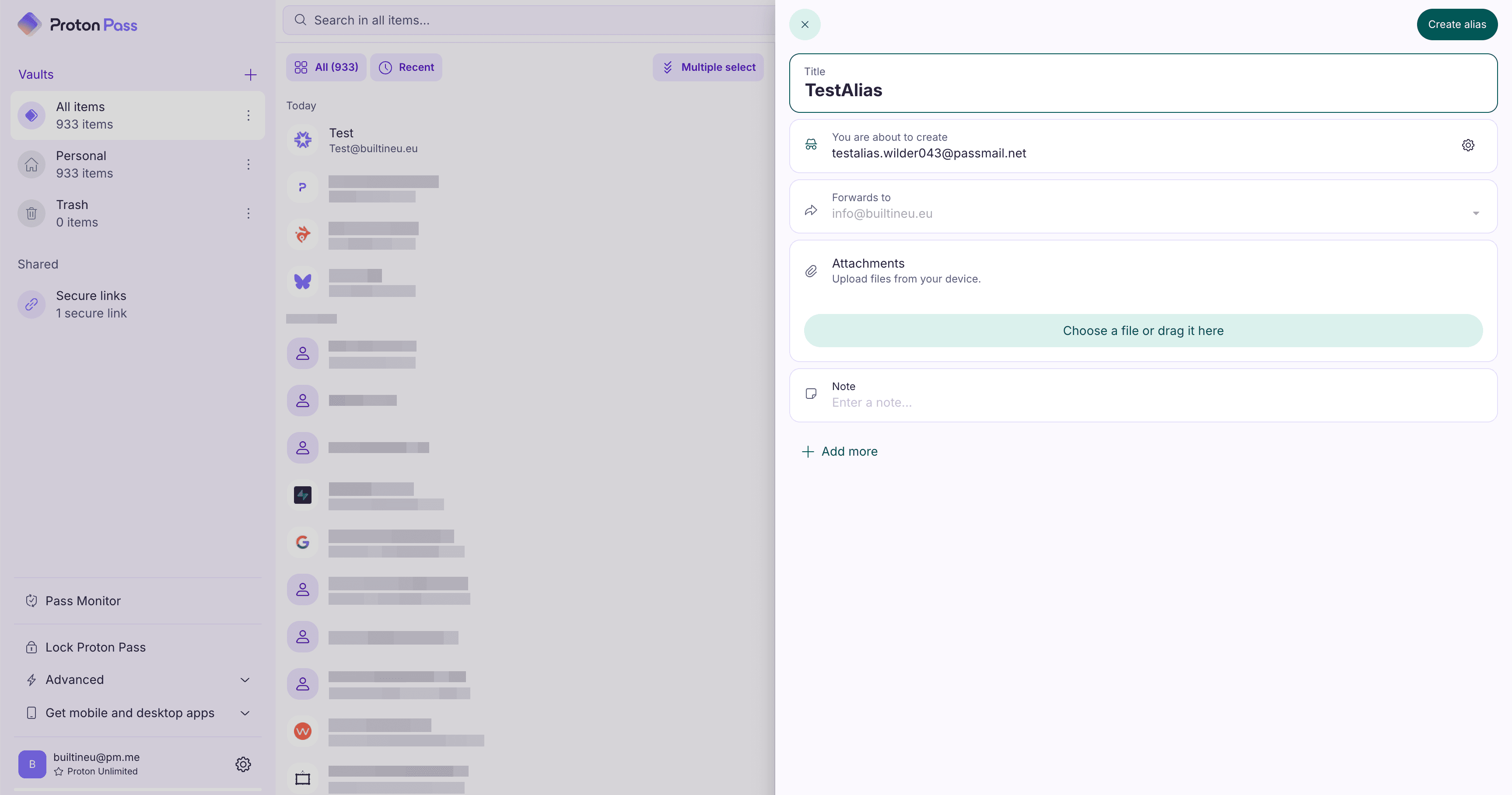 Proton Pass Create Alias dialog: creating testalias.wilder043@passmail.net forwarding to info@builtineu.eu