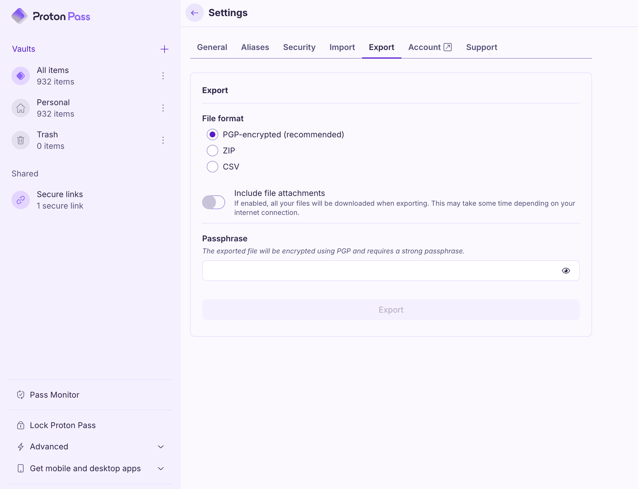 Proton Pass Export screen: PGP-encrypted by default, ZIP or CSV as alternatives, passphrase required