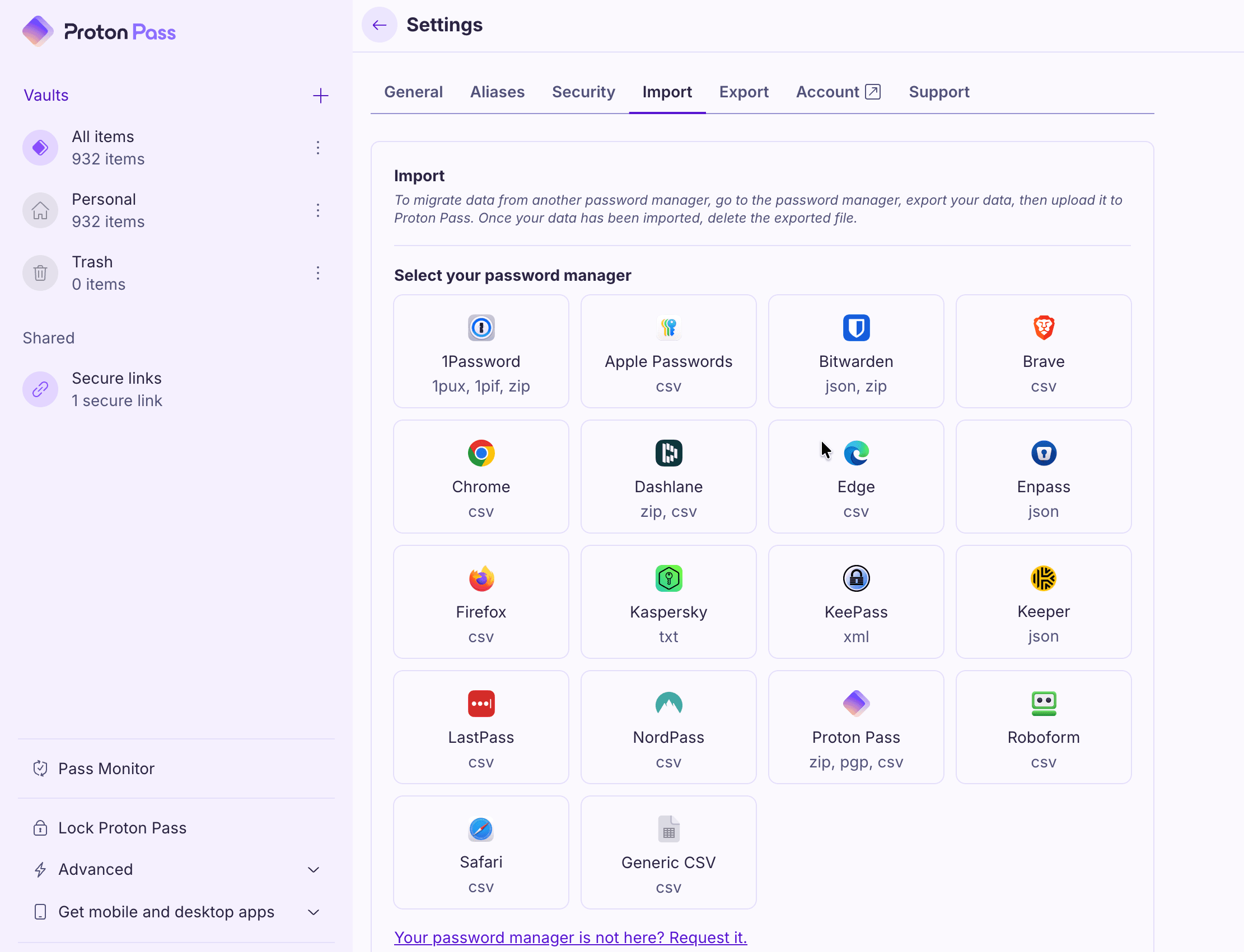Proton Pass Import screen: grid of 18 supported password managers