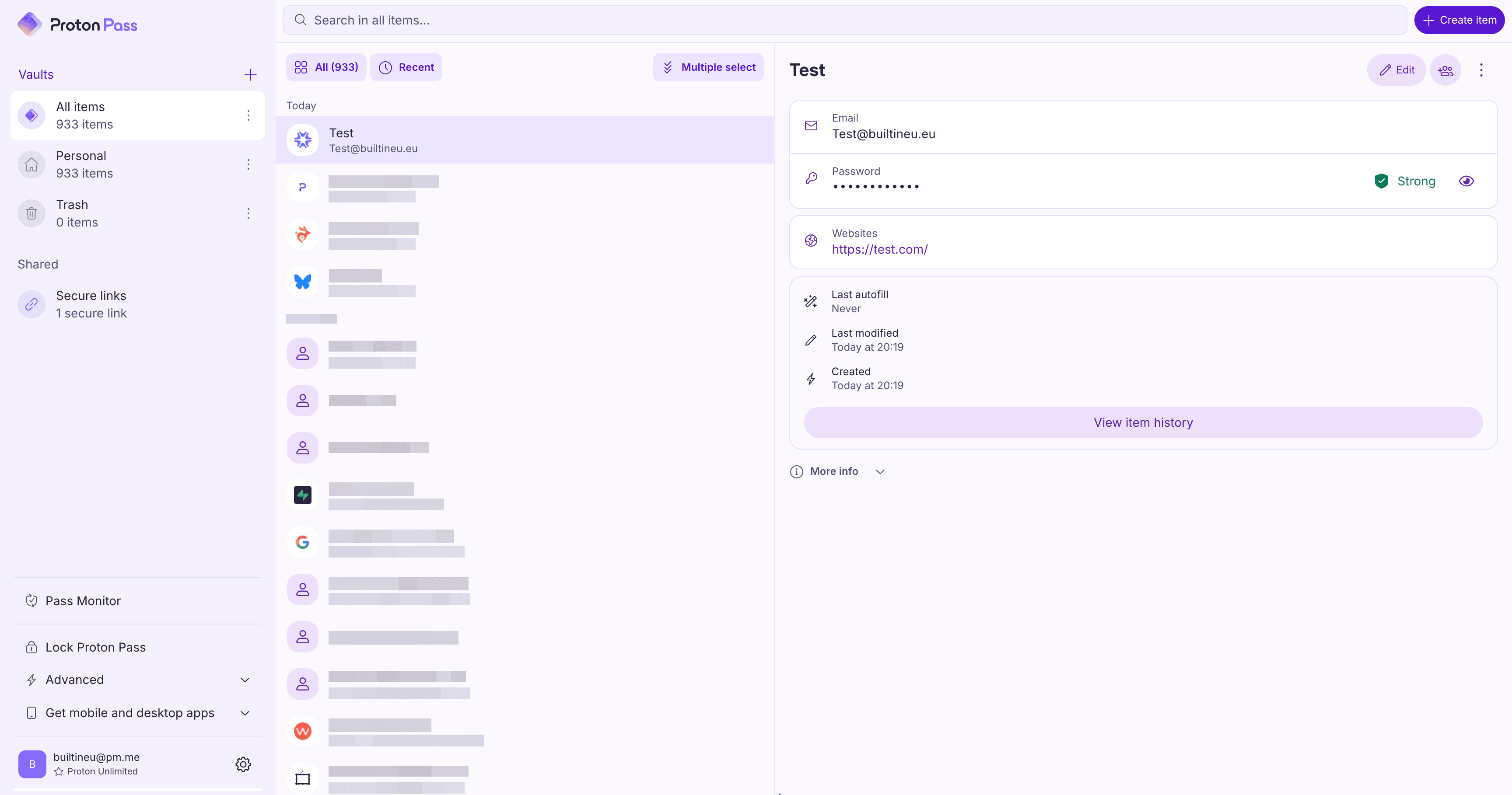 Item detail view showing a login with a "Strong" password badge and last-modified metadata