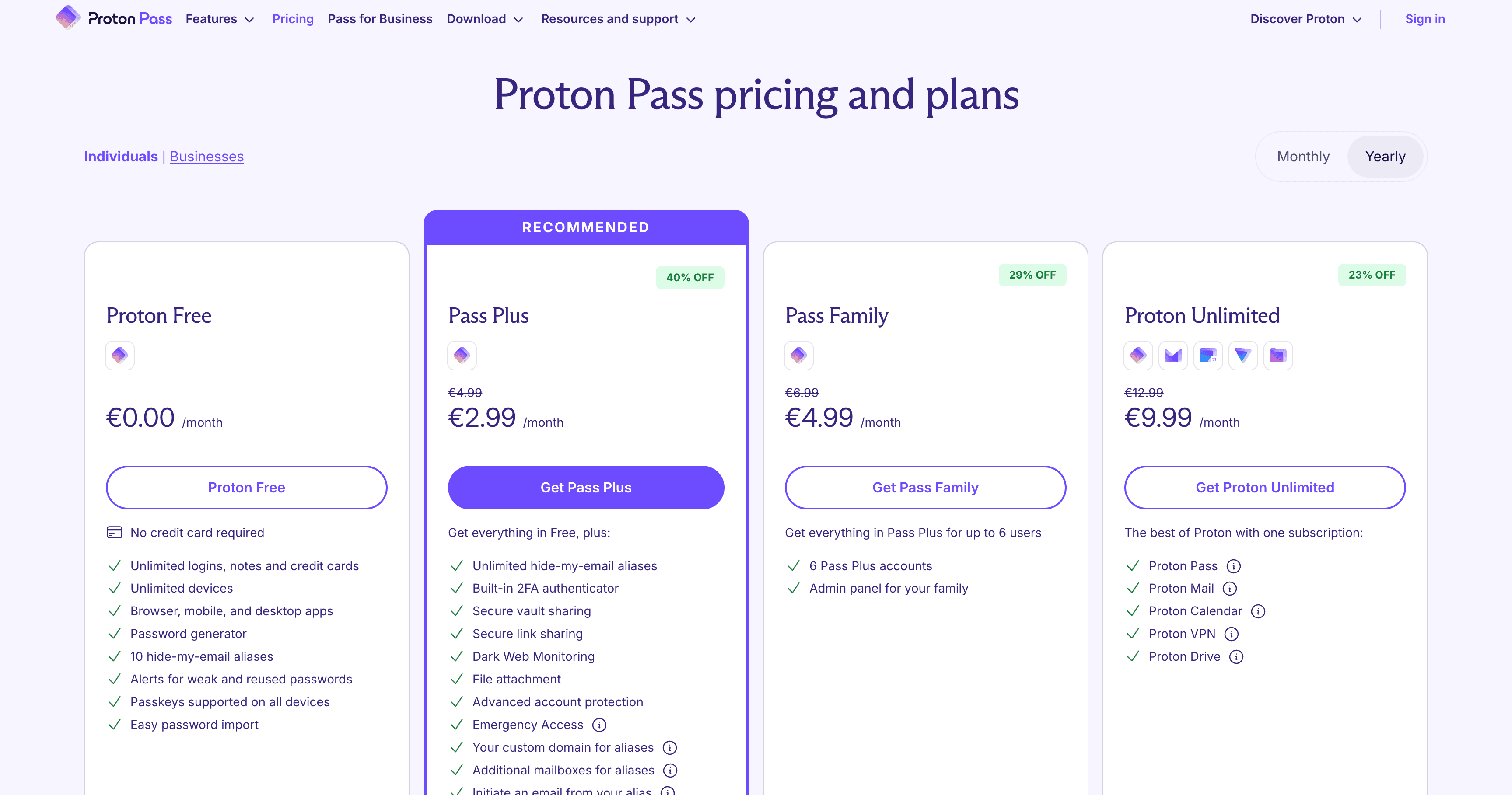 Proton Pass pricing: Free €0, Pass Plus €2.99/mo, Pass Family €4.99/mo, Proton Unlimited €9.99/mo
