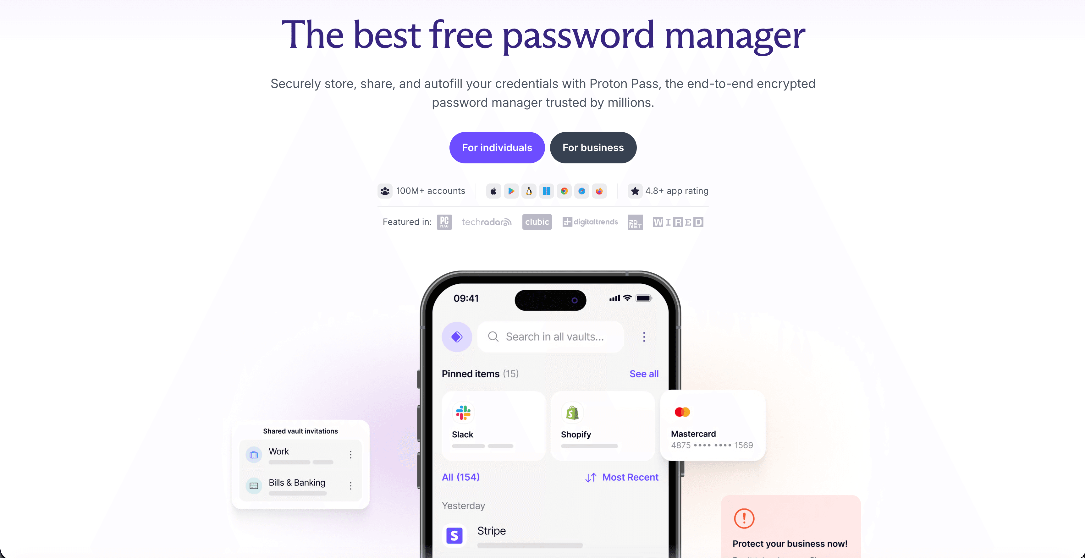 Proton Pass homepage: "The best free password manager", 100M+ accounts, 4.8 app store rating