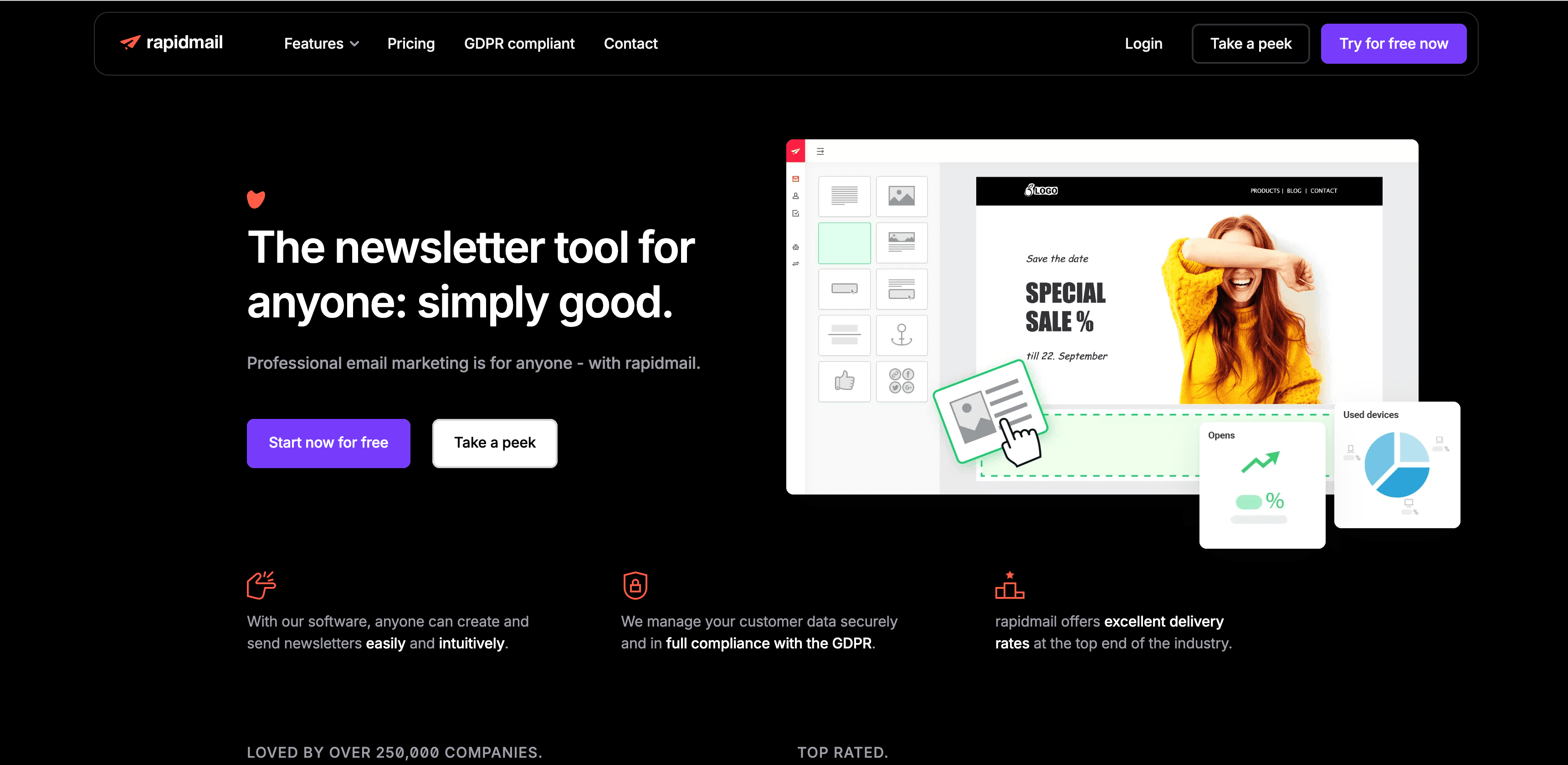 Rapidmail German email marketing platform showing newsletter editor and drag-and-drop email builder with GDPR compliance features