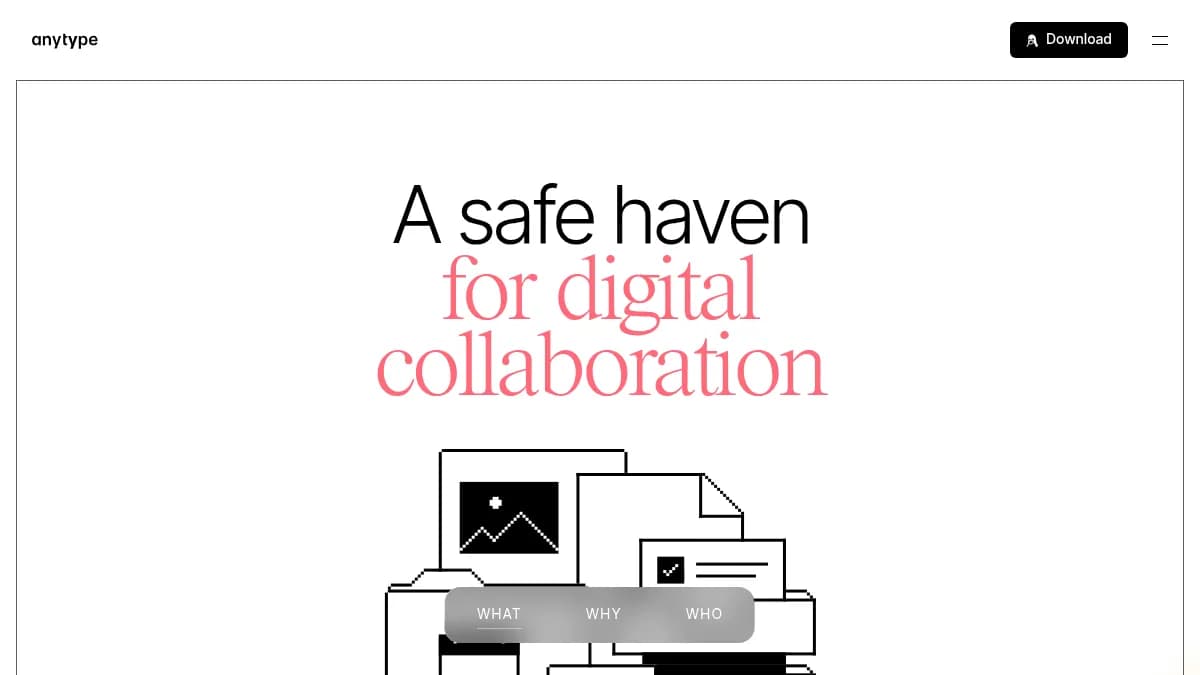 Anytype homepage showing local-first peer-to-peer workspace