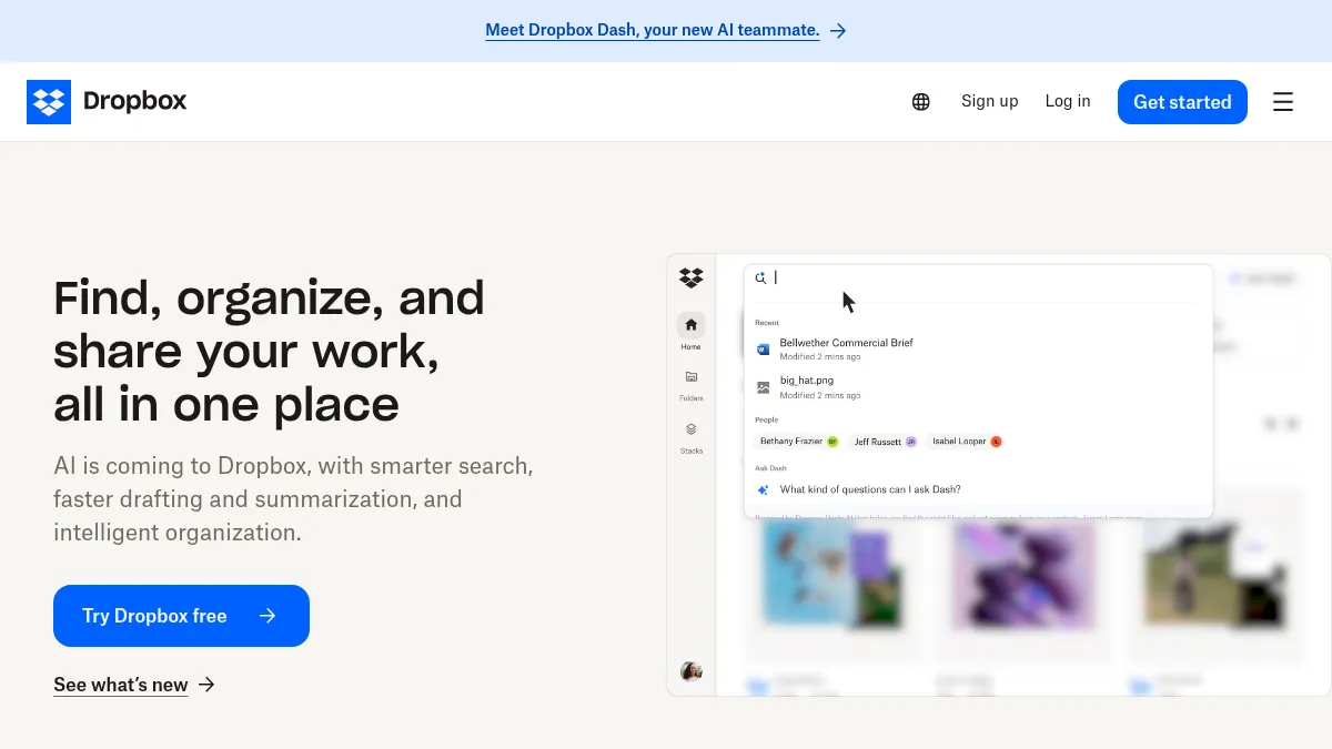 Dropbox-Homepage, die die Funktionen zur Dateispeicherung und Zusammenarbeit zeigt