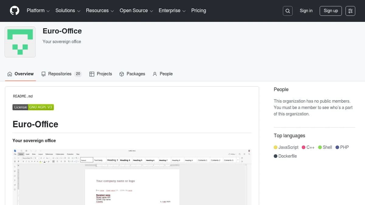 Euro-Office GitHub organization page showing the open-source document editing suite backed by a European coalition