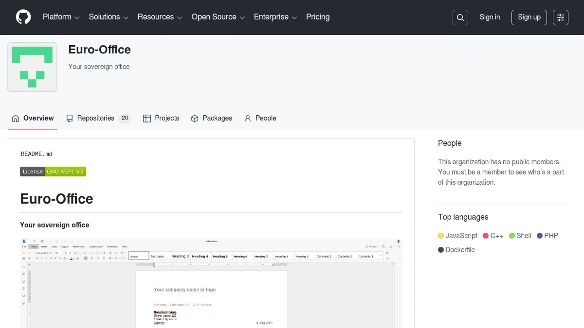 Euro-Office GitHub organization page showing the open-source document editing suite backed by a European coalition