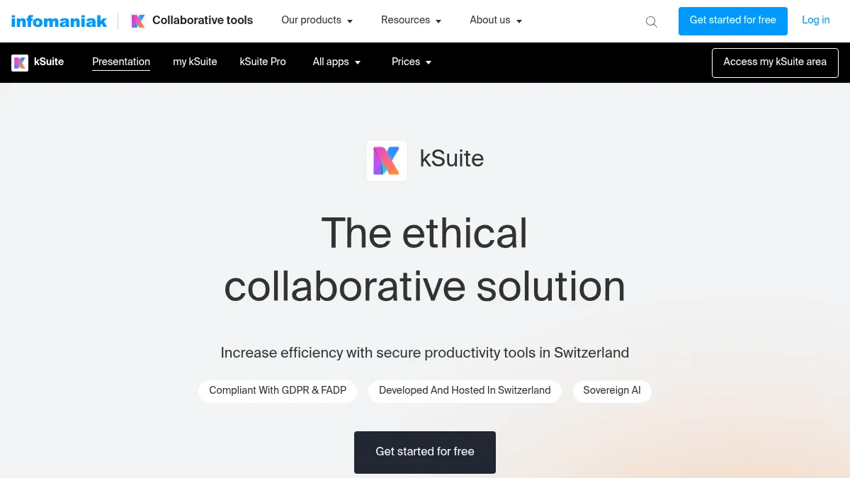 Infomaniak kSuite homepage showing a complete Swiss productivity suite with email, storage, and document editing