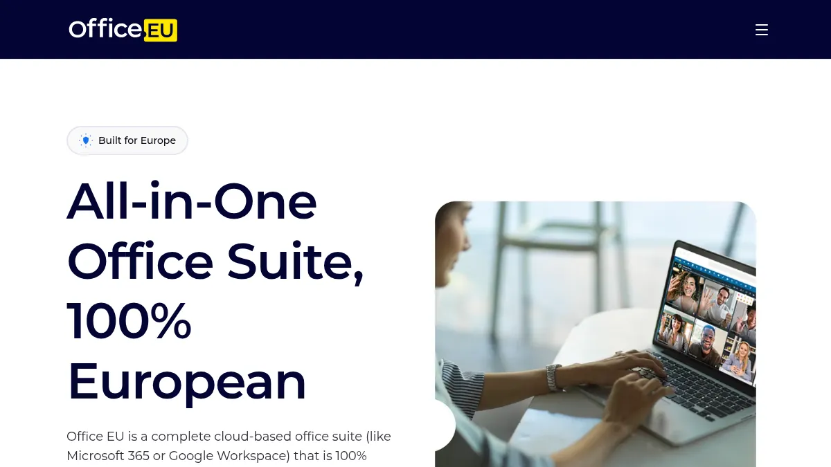 Página de inicio de Office.eu que presenta una suite de productividad europea de código abierto para documentos, correo electrónico y colaboración