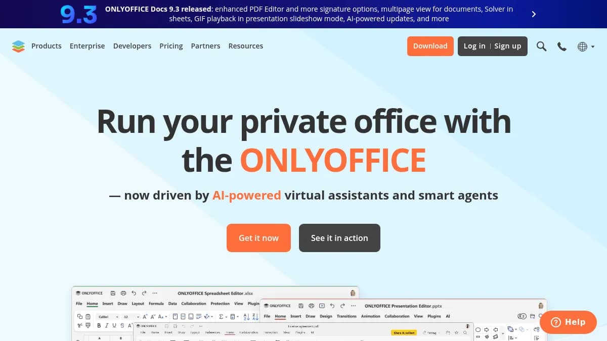 OnlyOffice homepage showing the open-source office suite with Microsoft format compatibility