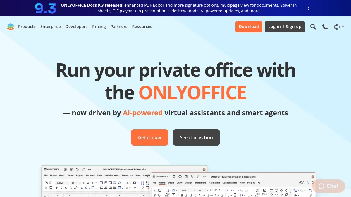 OnlyOffice homepage showing the open-source office suite with Microsoft format compatibility