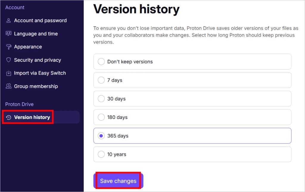 Proton Drive version-history settings with retention choices