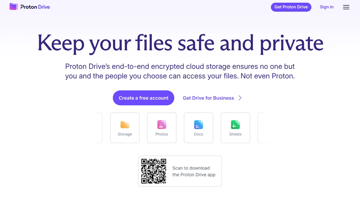 Página de inicio de Proton Drive, almacenamiento en la nube cifrado