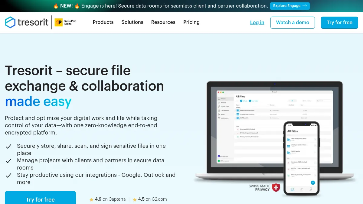 Tresorit-Homepage, die die Zero-Knowledge-Ende-zu-Ende-verschlüsselte Cloud-Speicherung für Unternehmen zeigt