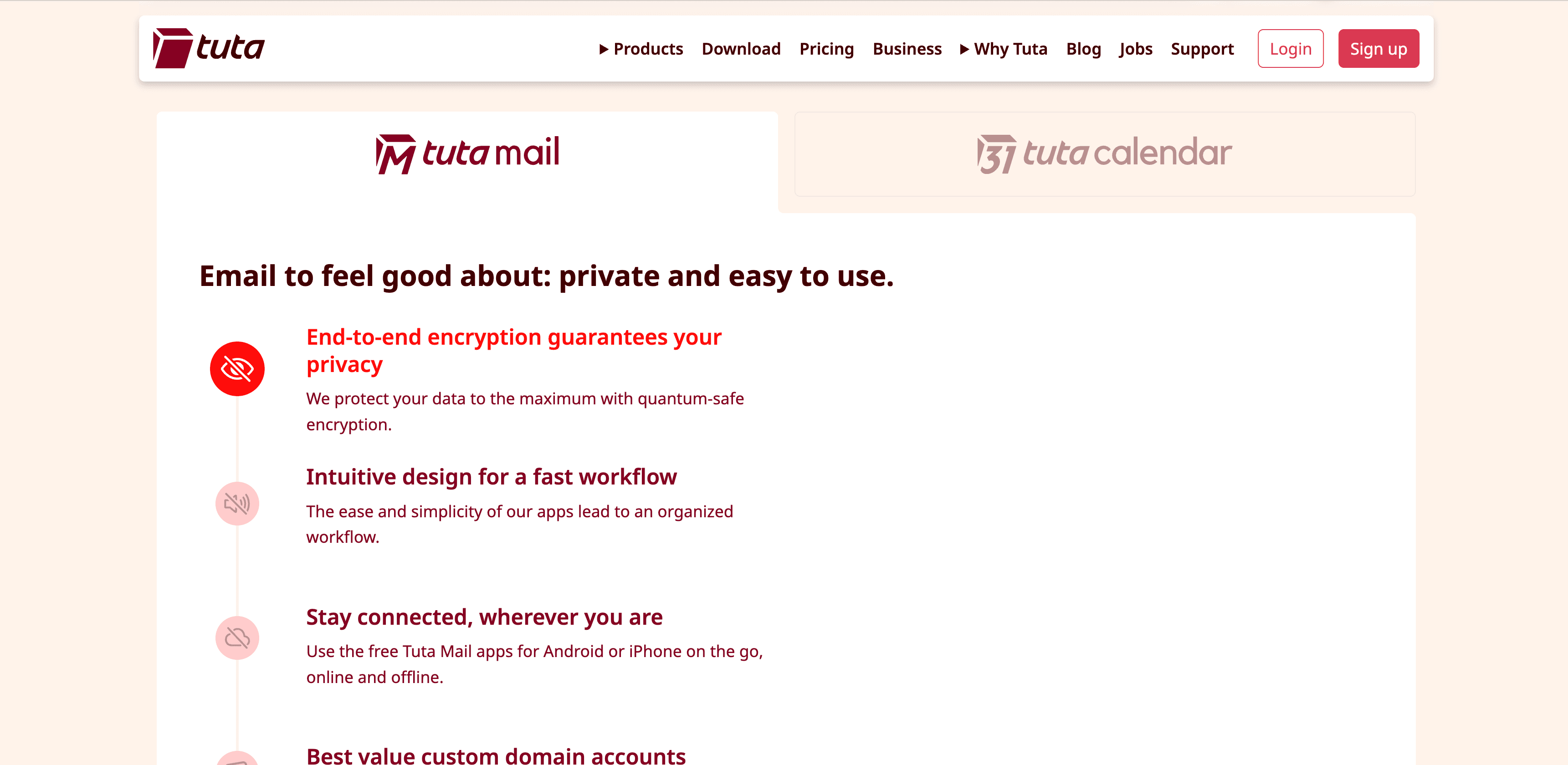 Tuta Mail features showing end-to-end encryption, intuitive design, and cross-platform availability