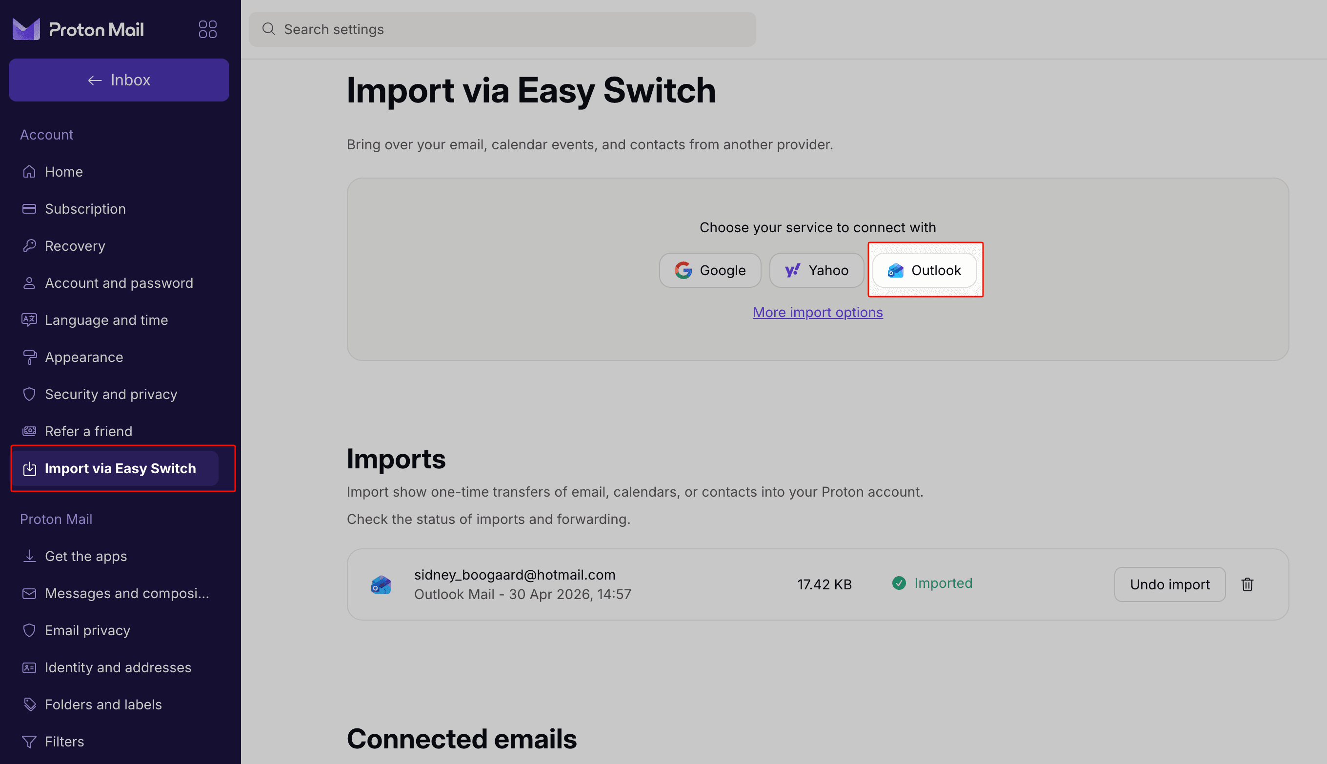Proton Easy Switch-instellingen scherm met Gmail, Outlook, Yahoo en IMAP bronopties