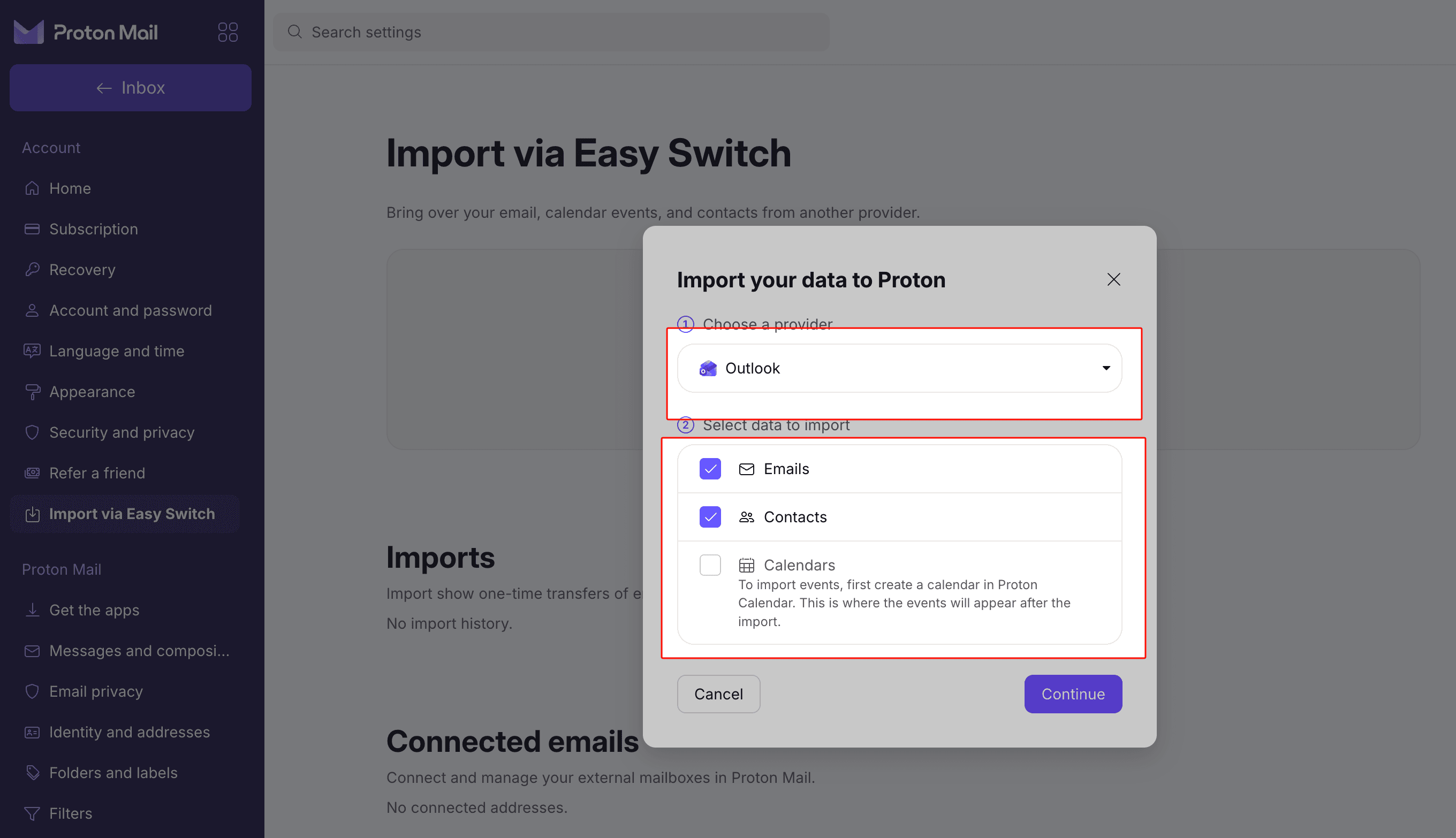 Proton Easy Switch bronkeuze met Outlook, Yahoo en IMAP opties