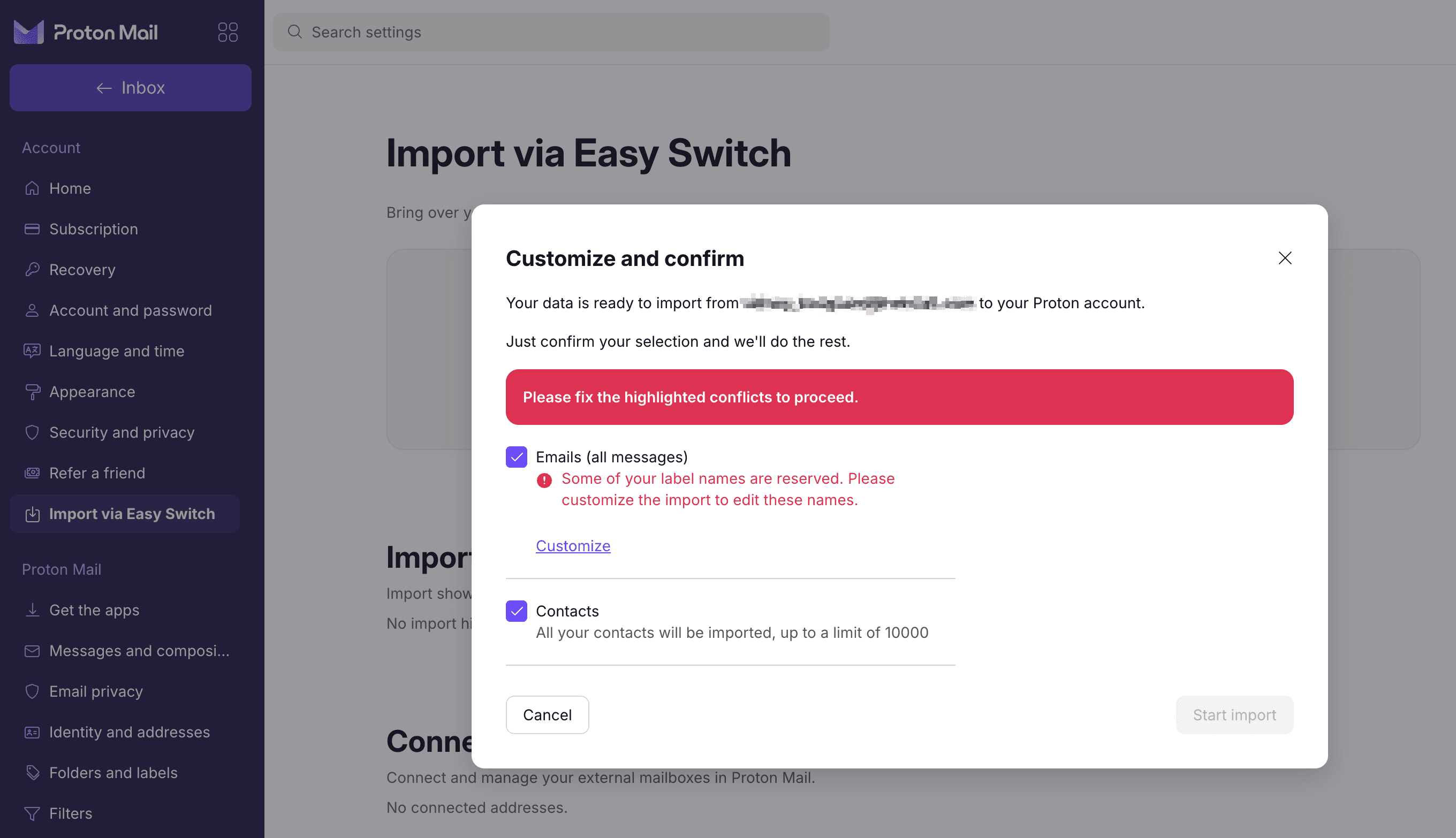 Proton Easy Switch aanpassingsscherm met selectievakjes voor e-mails, contacten en agenda