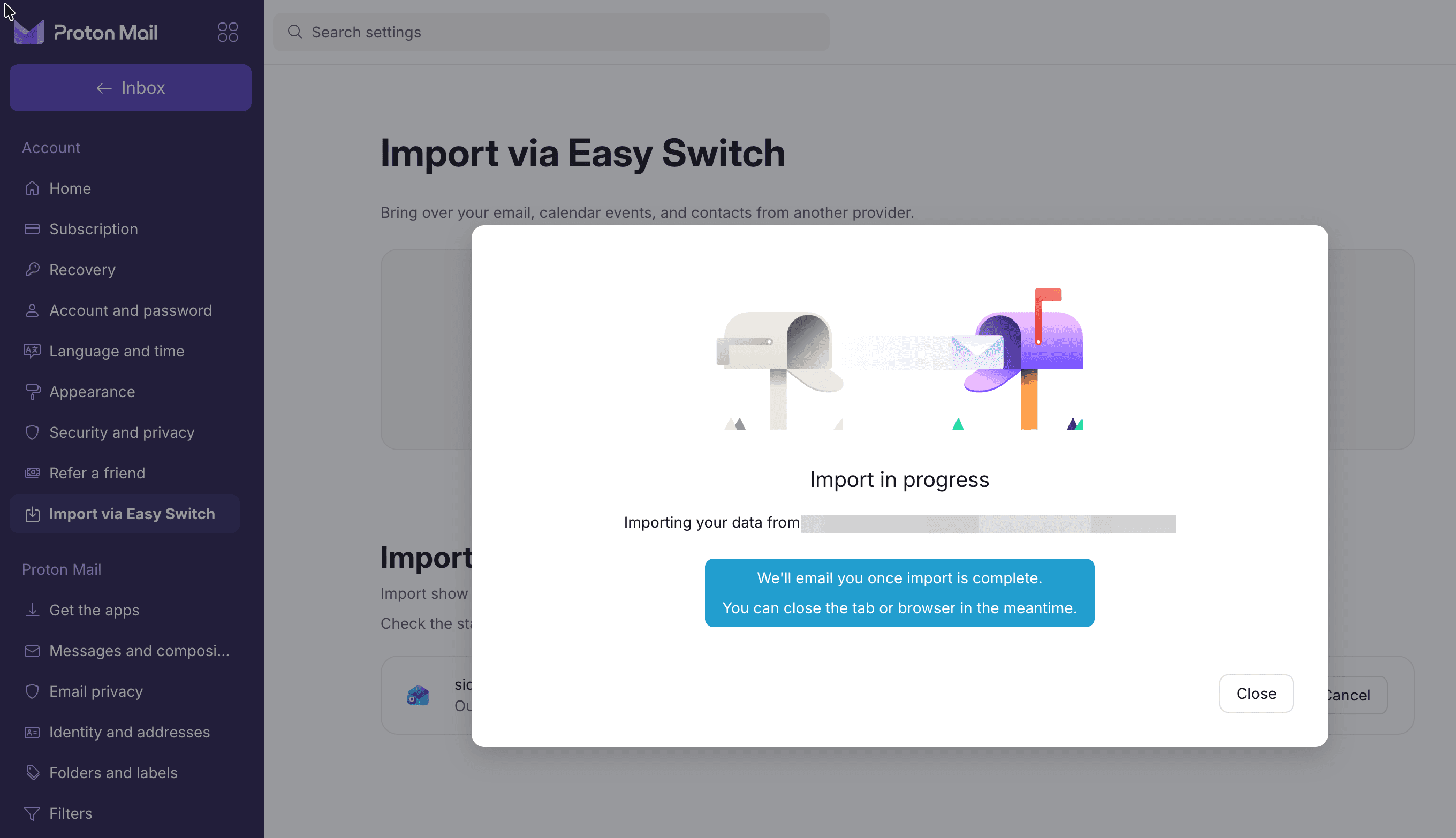 Proton Easy Switch voortgangsweergave met live tellers tijdens een Outlook-import