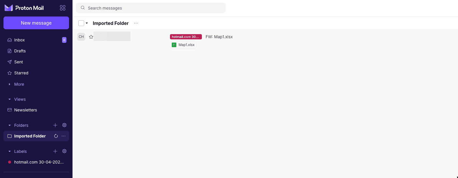 Proton Mail-inbox na import met de geïmporteerde Outlook-mappen en labels in de zijbalk