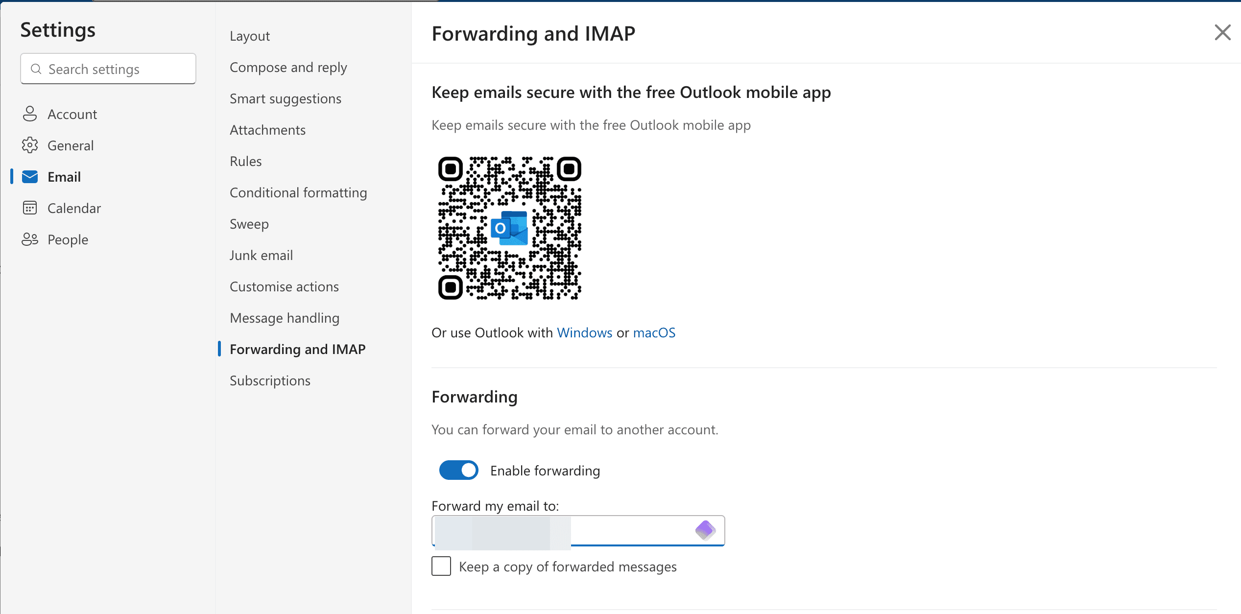 Outlook.com doorstuurinstellingen met ingevoerd Proton Mail-adres