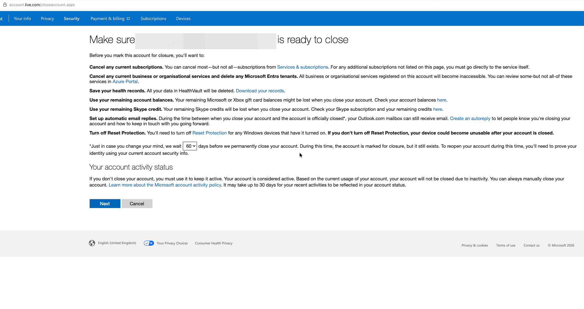 Microsoft account sluitingsscherm met de bevestigingschecklist