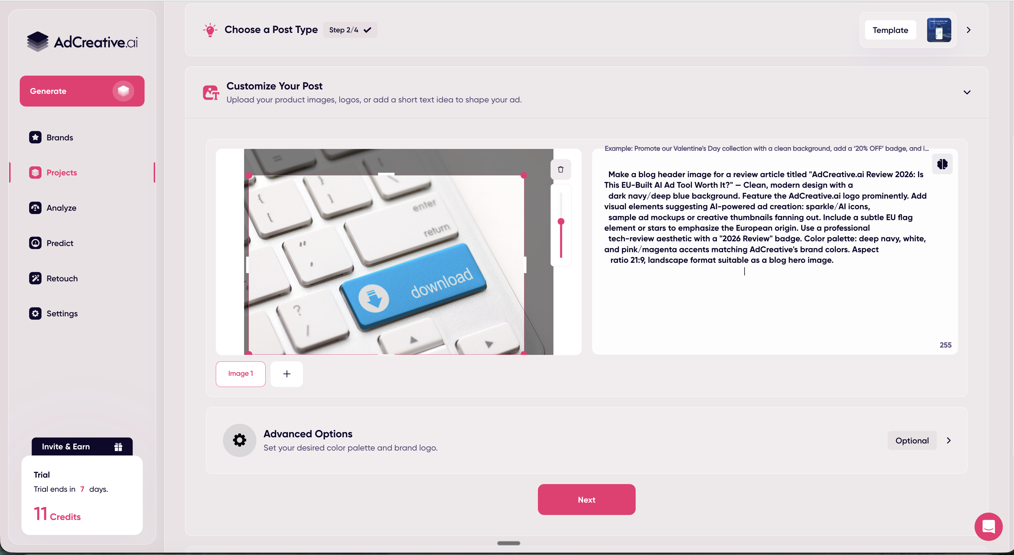 AdCreative.ai post customization showing prompt input and image upload during the creation flow