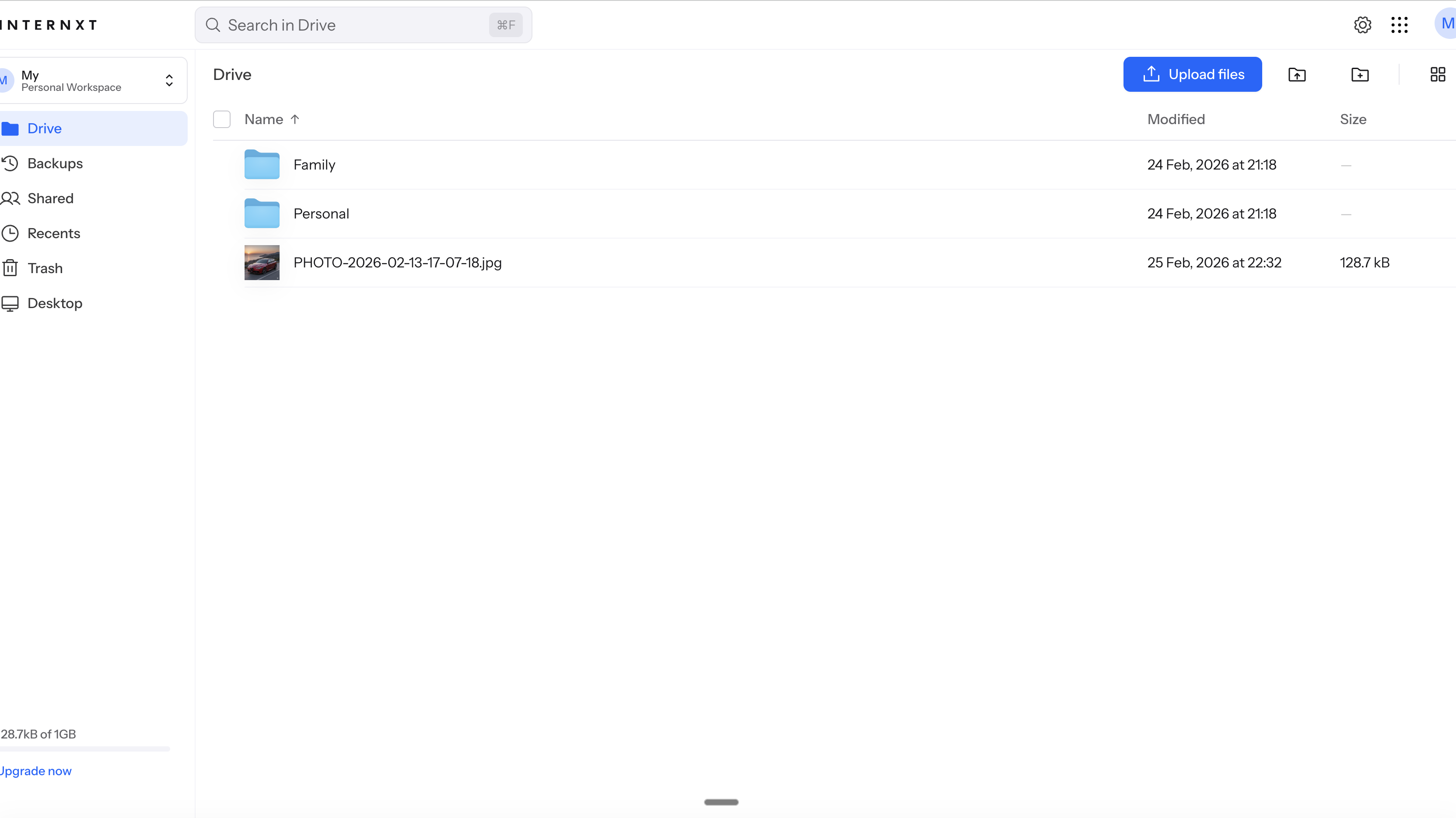 Internxt cloud storage interface